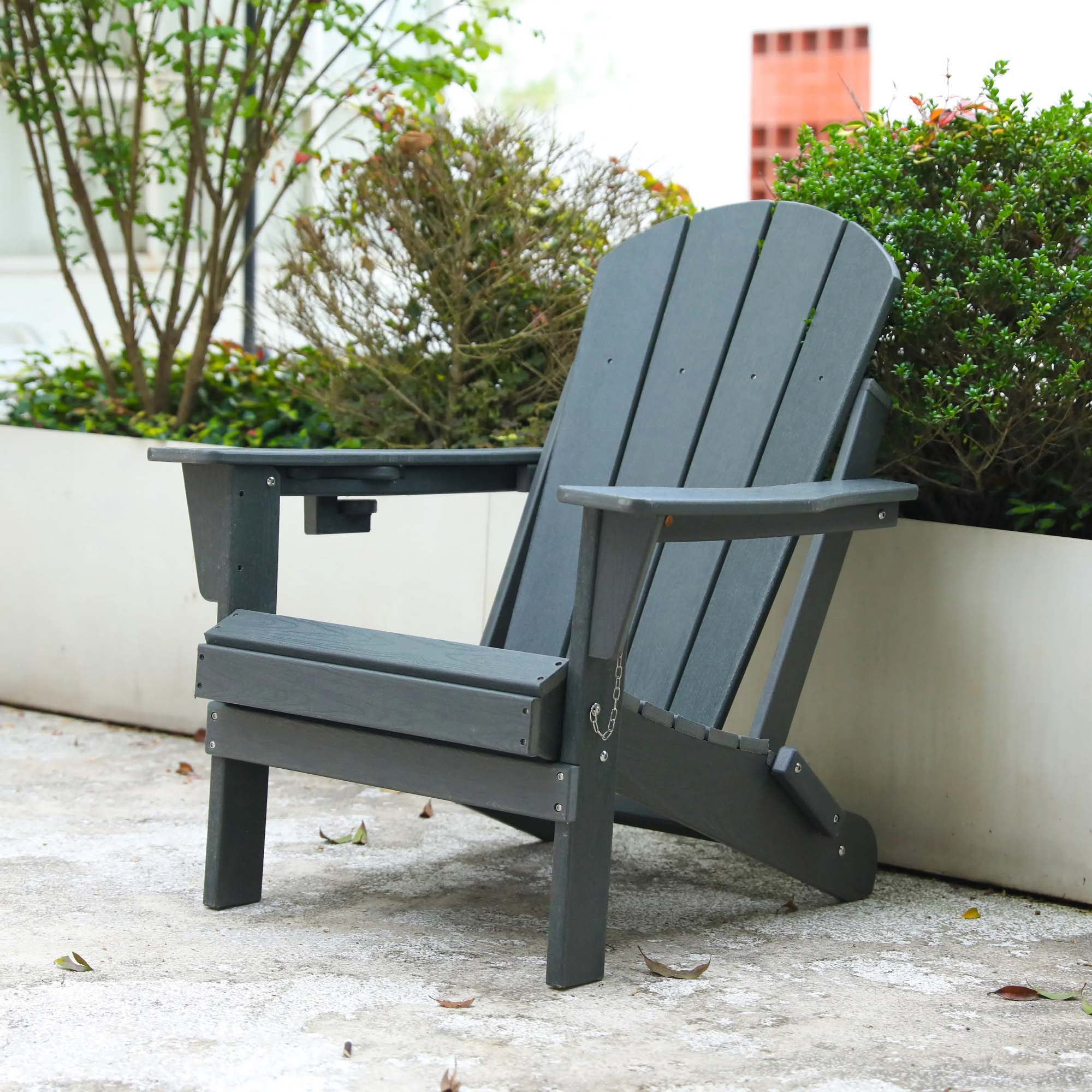Clihome Patio Chair Gray HDPE Frame Stationary Adirondack Chair with Gray Slat Seat