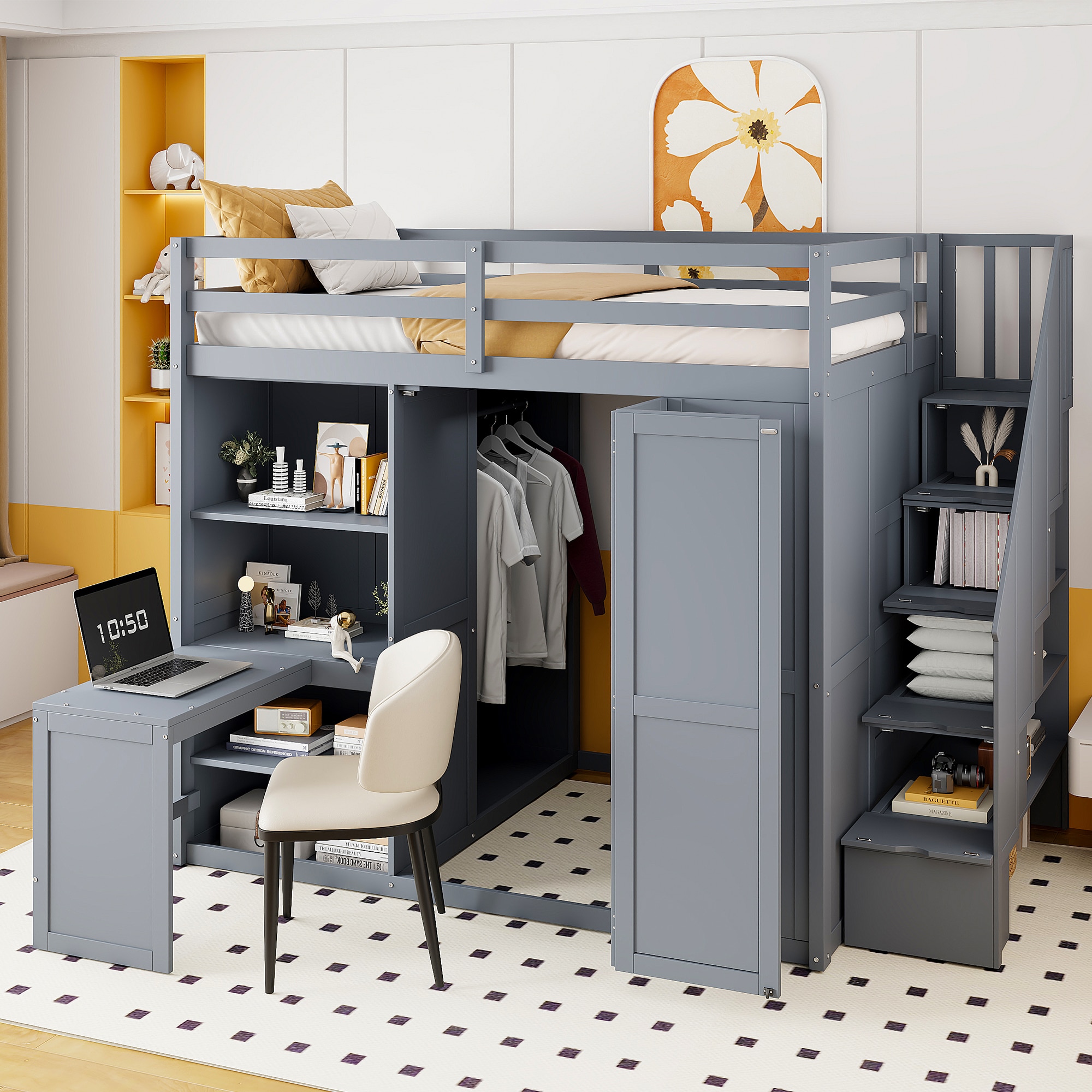 GDFStudio 341498 Everly Full Over Full Bunk Bed with Wardrobe   Desk