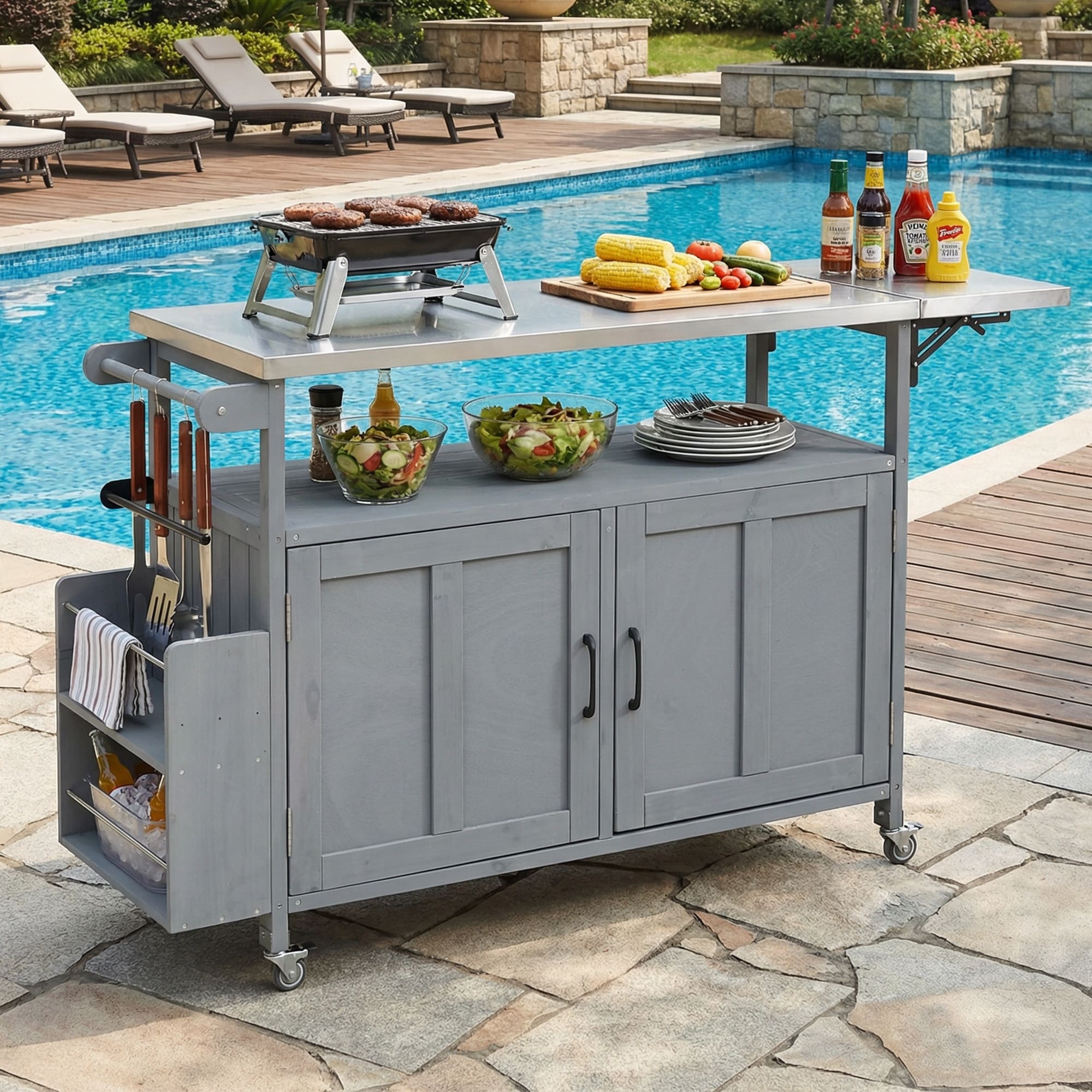Outdoor Foldable Grill Prep Table Kitchen Island Mobile Cart with Lockable Wheels Storage Towel Rack Grey