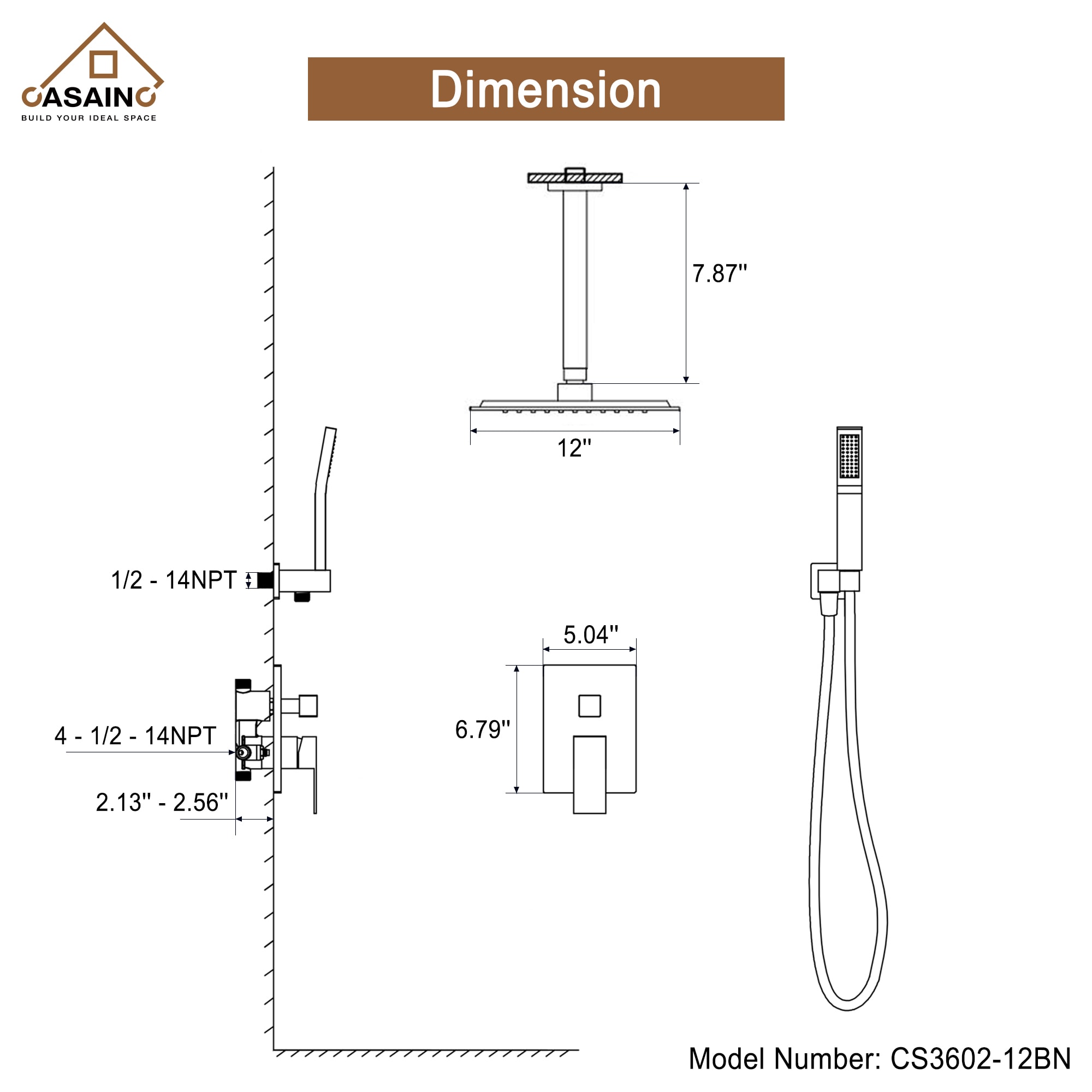 CASAINC CS3602-12MB Showerhead-Bar-Panels - View #2