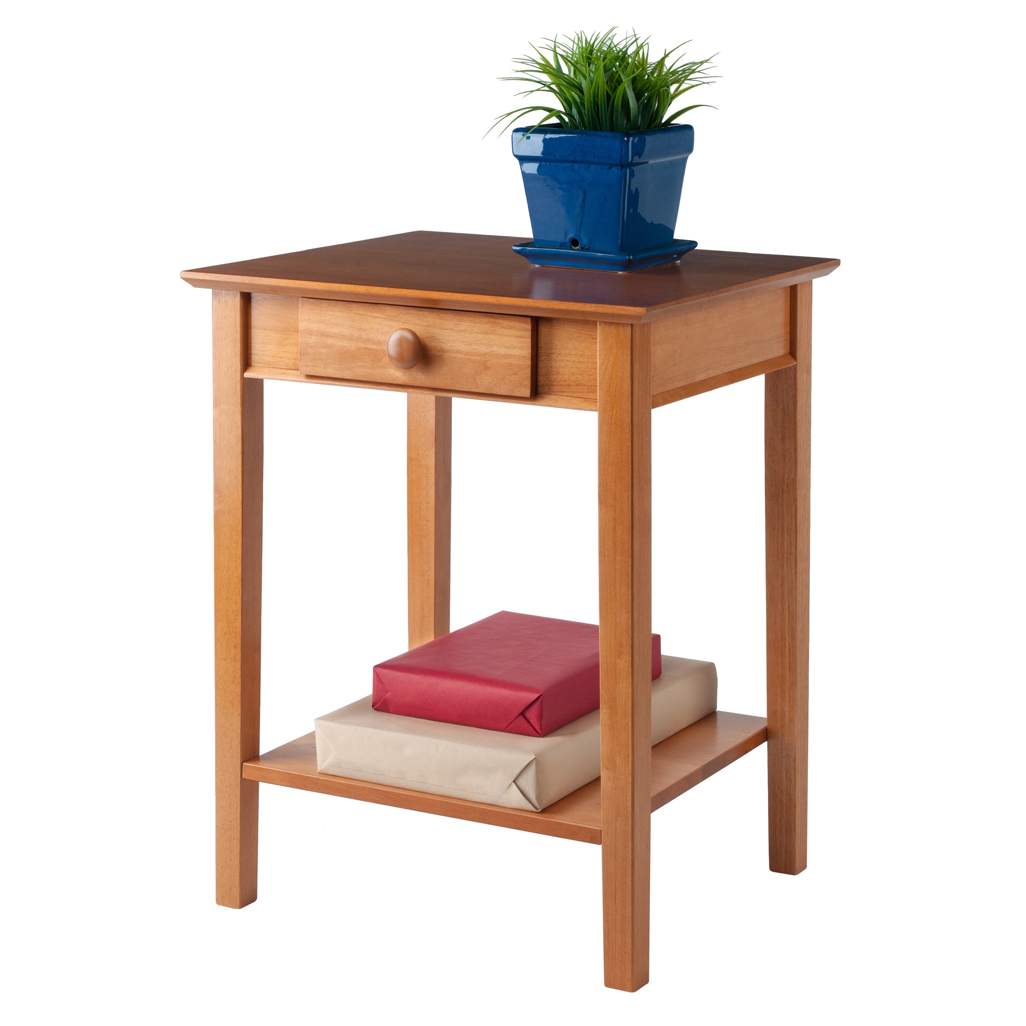Honey Pine Wood Studio Printer & End Table with Storage Shelf