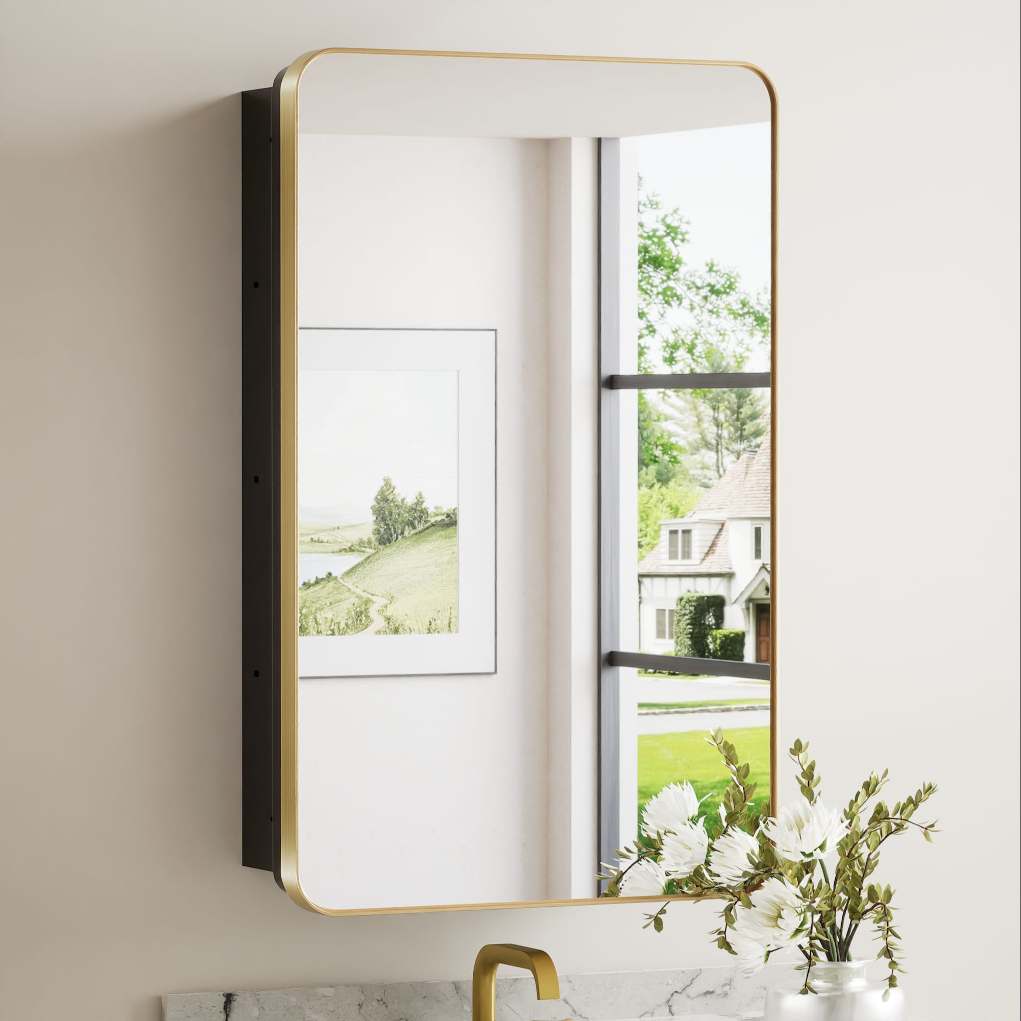 Keonjinn LW-JSKJG-YJ-5181GD 20-in x 32-in Surface/Recessed Mount Gold Mirrored Rectangle Soft Close Medicine Cabinet