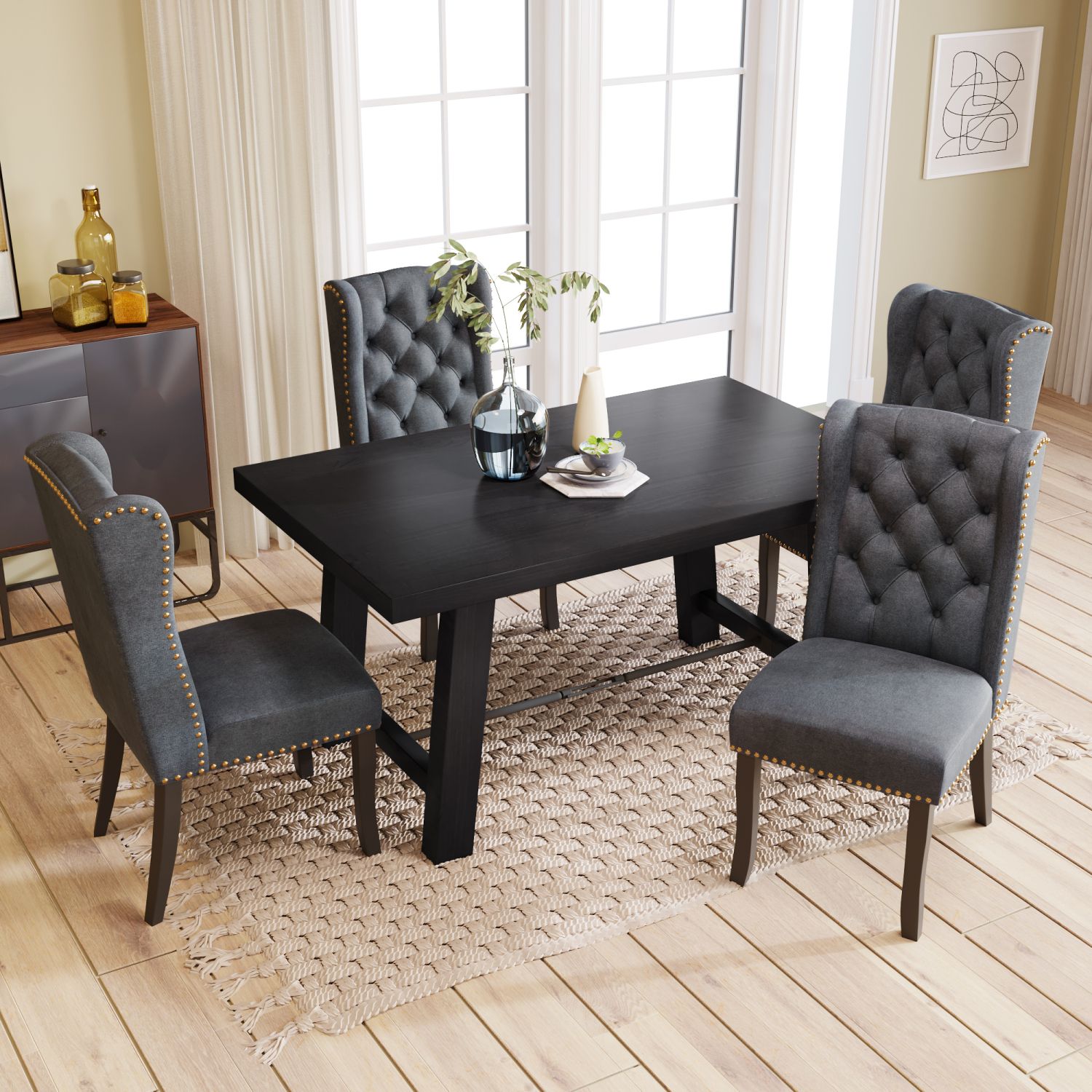 JASMODER ST000048AAP Wood Dining Table Kitchen Furniture, A Rectangular Table and 4 Upholstered Dining Chairs With Solid Wood Legs, Wingback And Button Tufting (Espresso+Dark Gray)