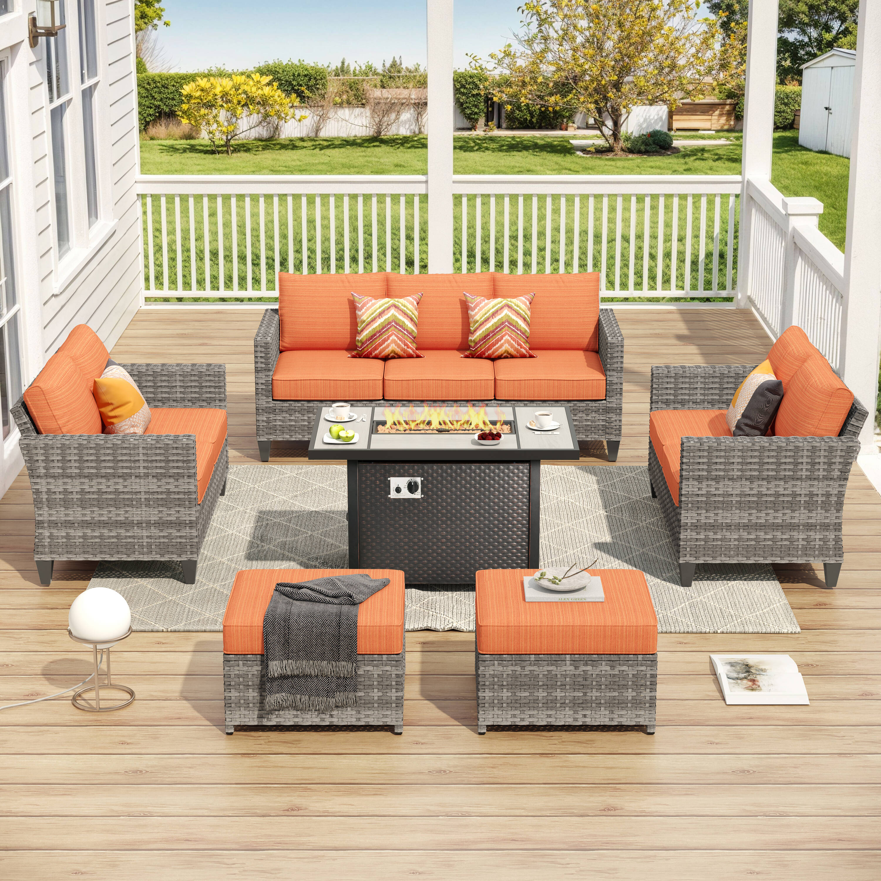Pouuin SDFPVYZBS809 6 -Piece Wicker Patio Sofa Conversation Set with Orange Cushions