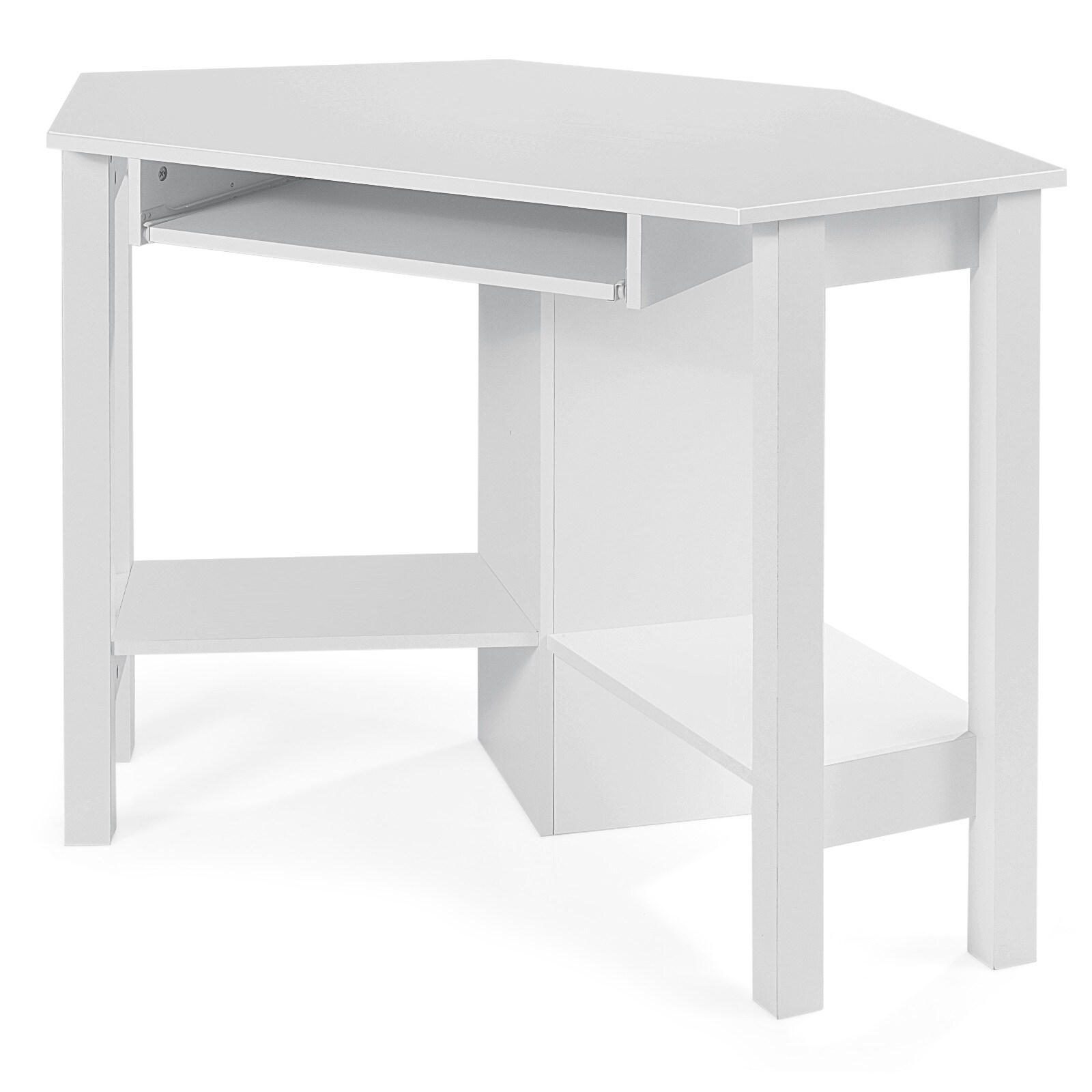 Slickblue - Modern White Corner Computer Desk with Keyboard Tray and Storage Shelves for Home Off...