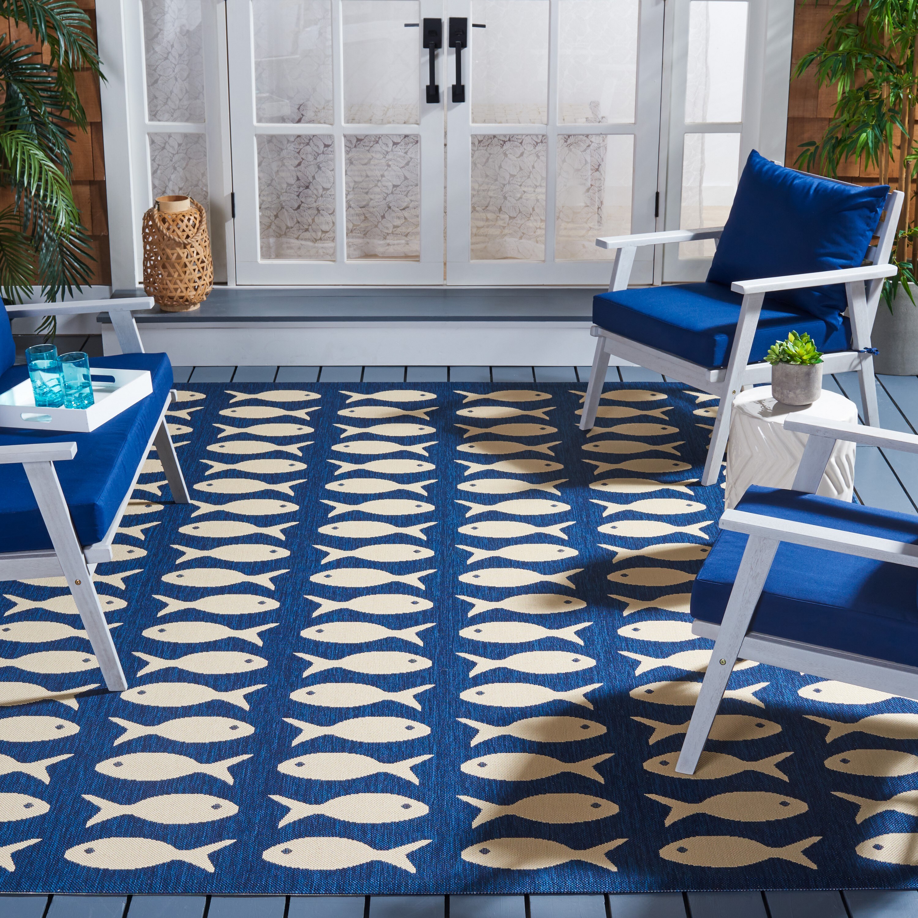Safavieh CY6013-268-9 Courtyard Loiret 9 x 12 (ft) Loomed Polypropylene Navy/Beige Rectangular Indoor/Outdoor Animal print Area rug