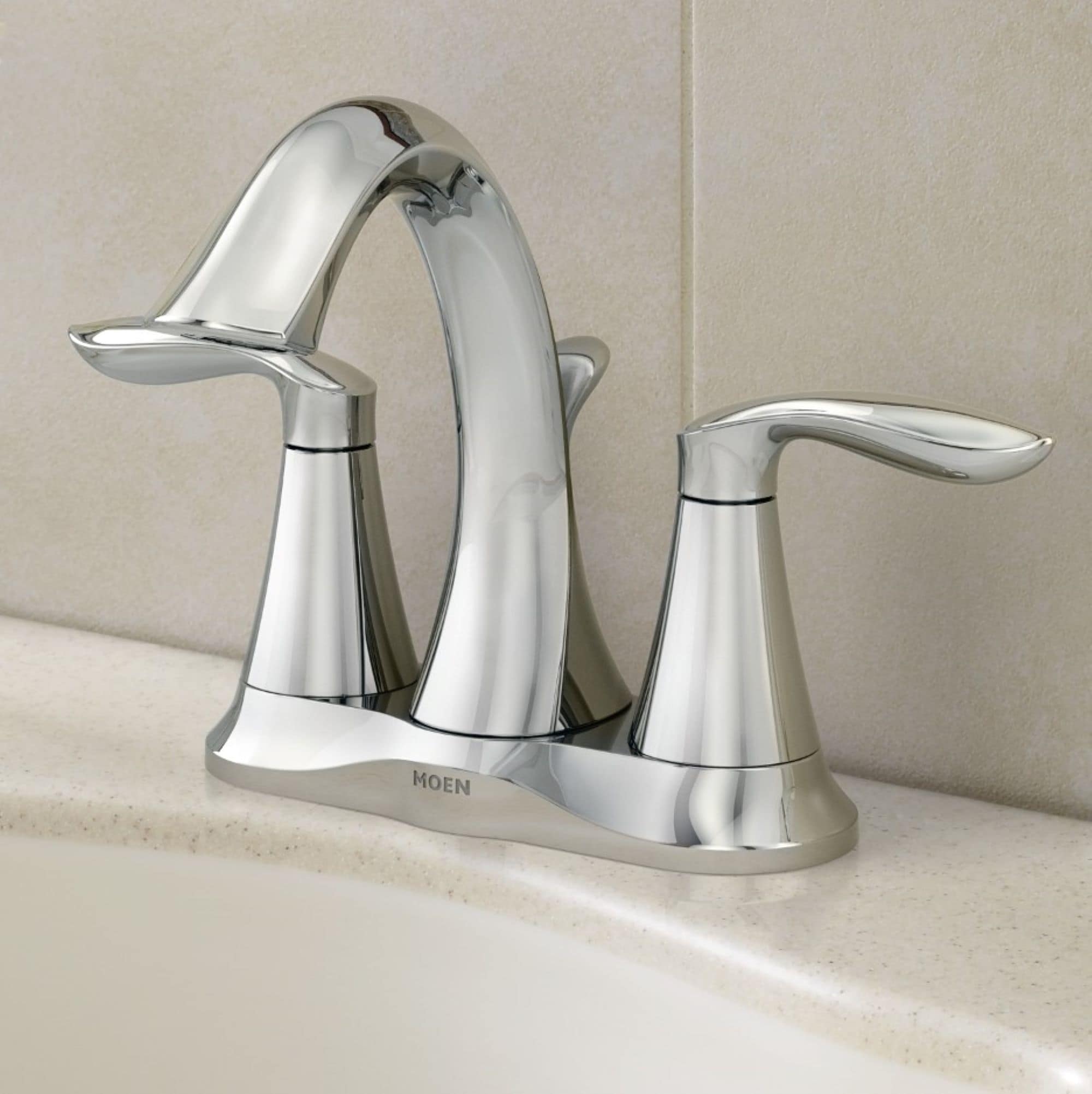 Moen 66410 Eva Chrome 4-in centerset 2-handle WaterSense High-arc Residential Handle Bathroom Sink Faucet with Drain