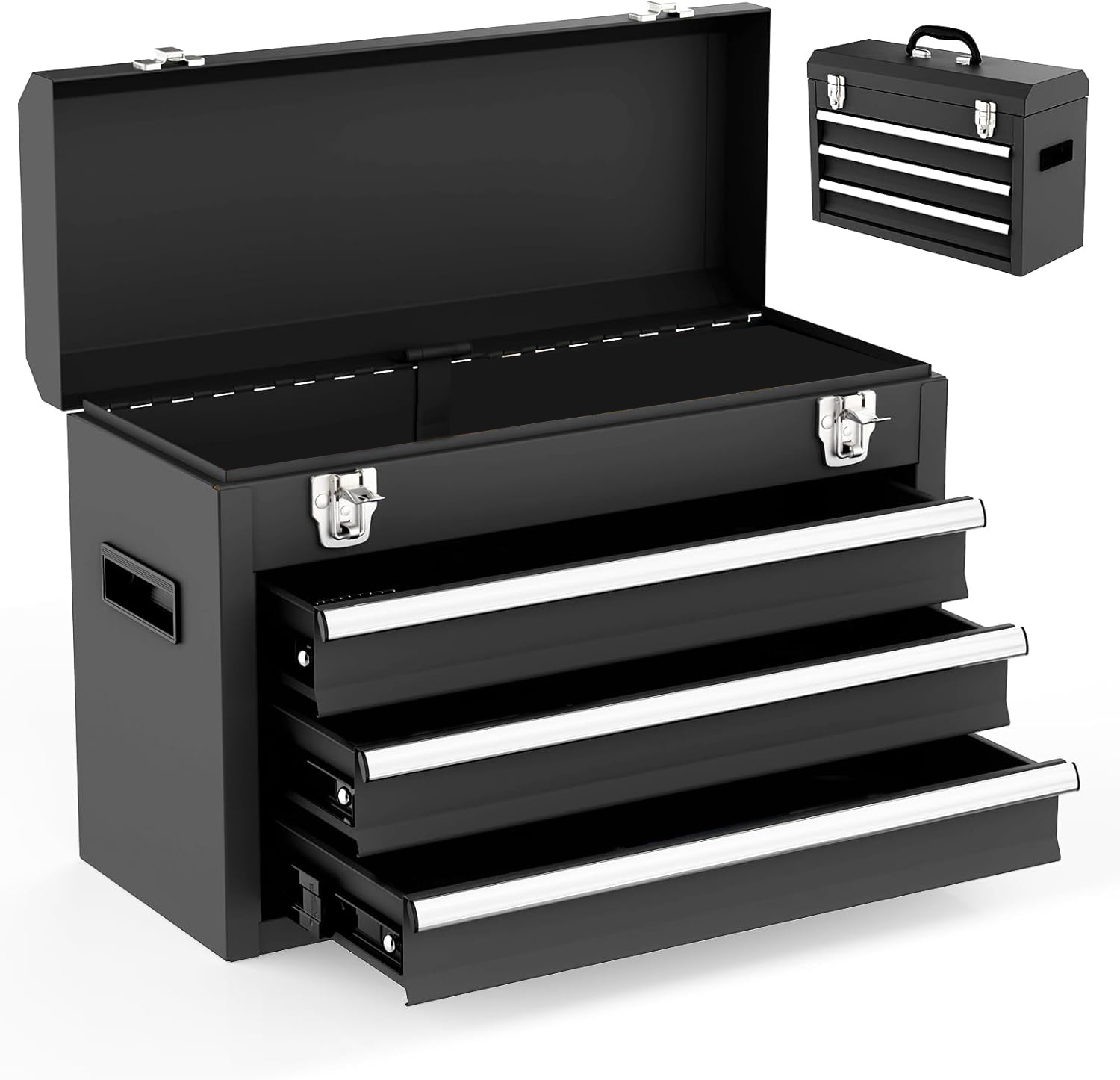 Etokfoks 3 Drawer Metal Tool Box Portable Metal Tool Box with EVC Liners and Latches Closure Heavy Duty Steel Tool Chest with Ball Bearing #LET972QFT