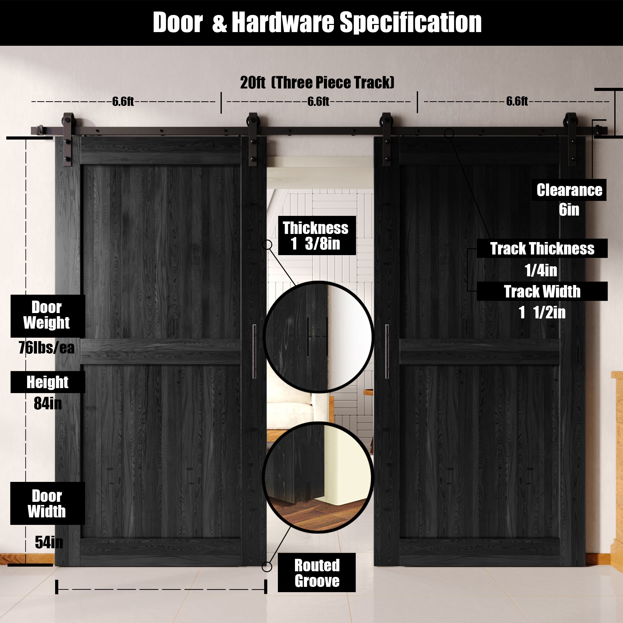 HOMACER YT2TGH240C-5484-H-BK Barn-Doors - View #2