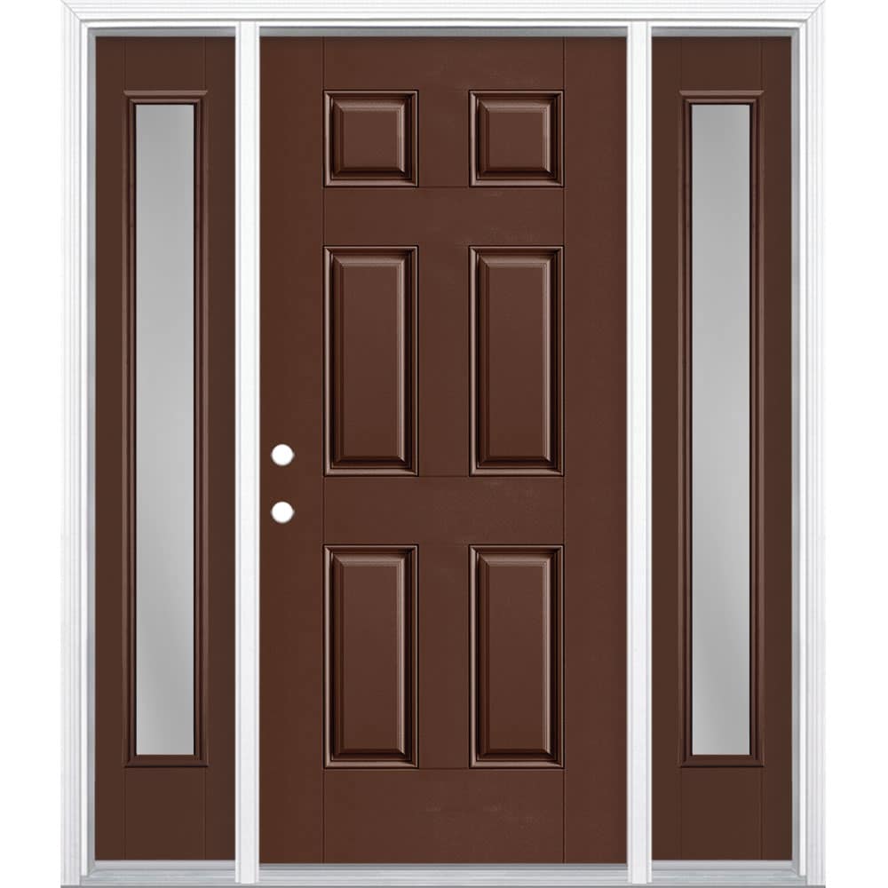 Masonite 1218376 60-in x 80-in x 4-9/16-in Fiberglass No glass Right-hand inswing Chocolate Painted Prehung Front Door with Sidelights with Brickmould Insulating core