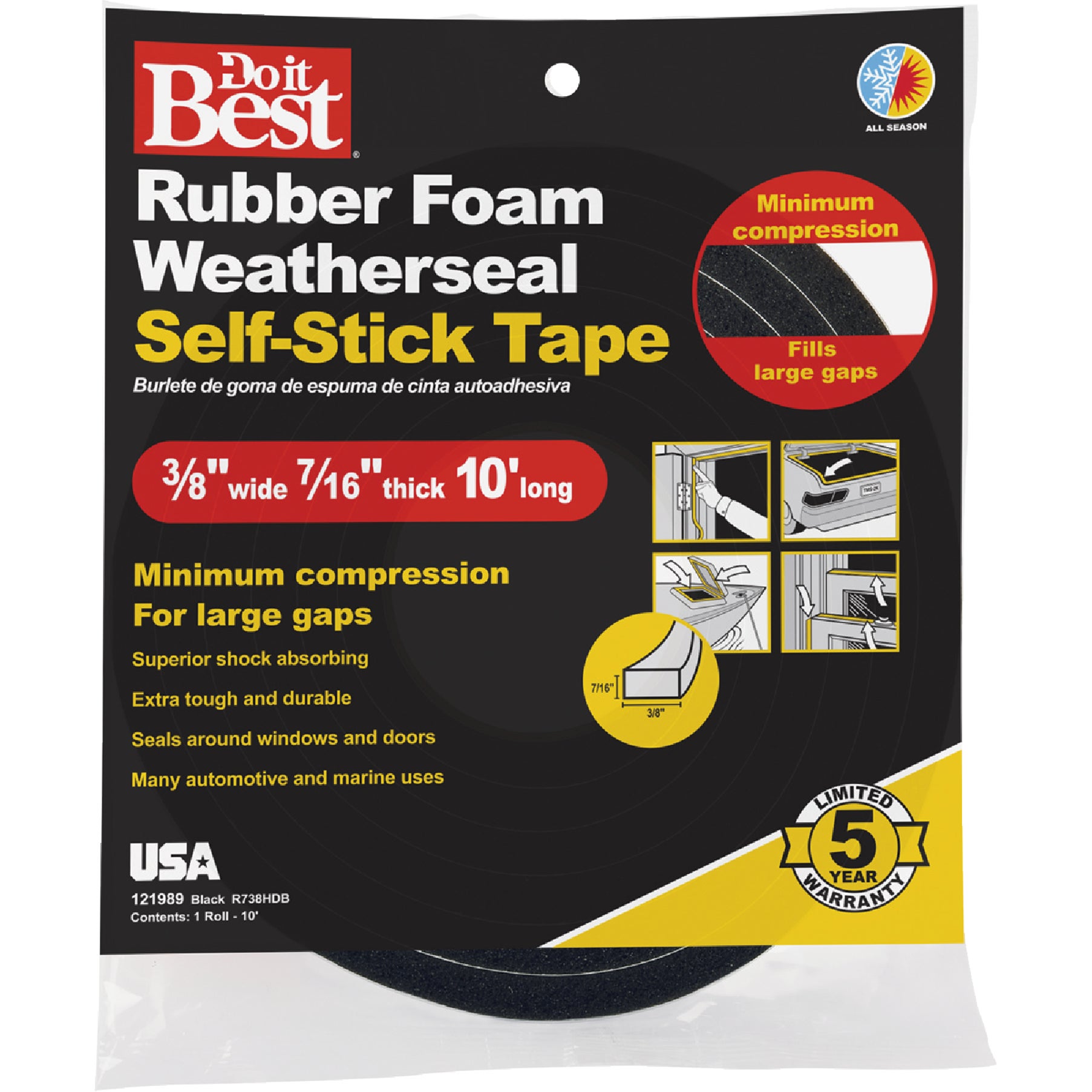 Frost King Foam Rubber Tape R738A (model R738H) is a 10 ft x 7/16 in black foam weatherstripping designed to seal gaps and reduce drafts