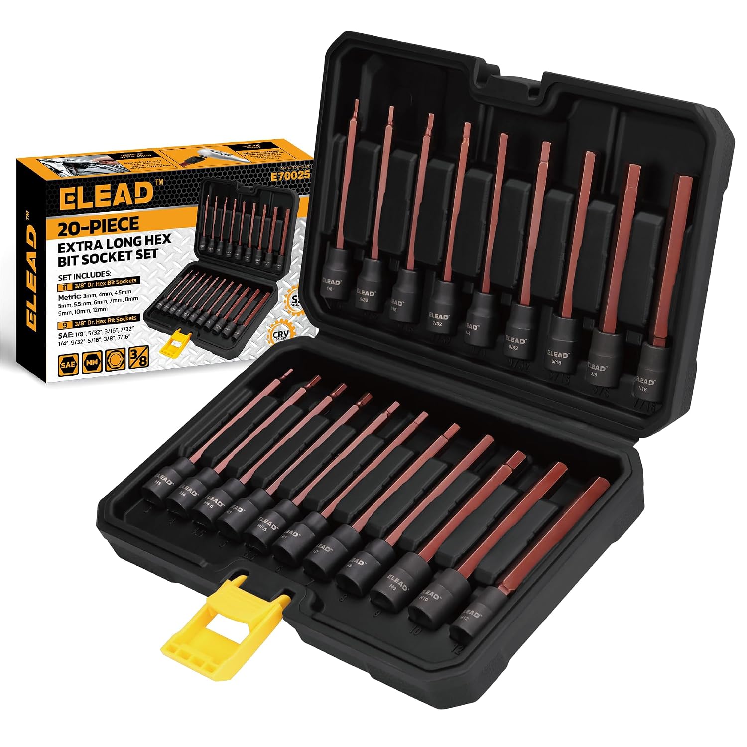ELEAD 20-Piece 3/8 In Drive Extra-Long Hex Bit Socket Set S2 Steel SAE and Metric 1/8 In to 7/16 In and 3mm to 12mm for Impact Drills and Ratchet Wrenches