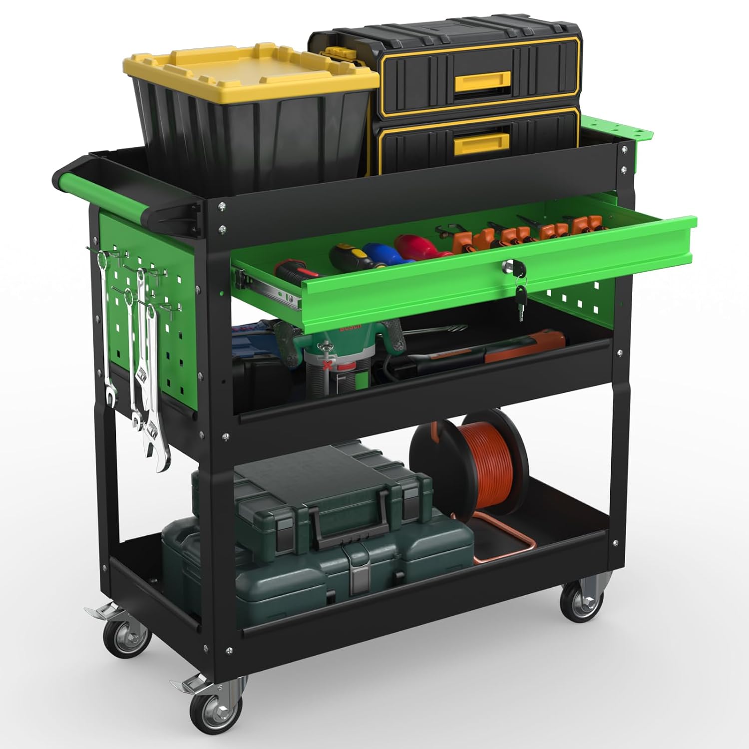 Fredees 3-Tray Rolling Tool Cart with Locking Drawer and Pegboard 400 lb Capacity Heavy Duty Cold-Rolled Steel Utility Cart for Garage and Repair Shop