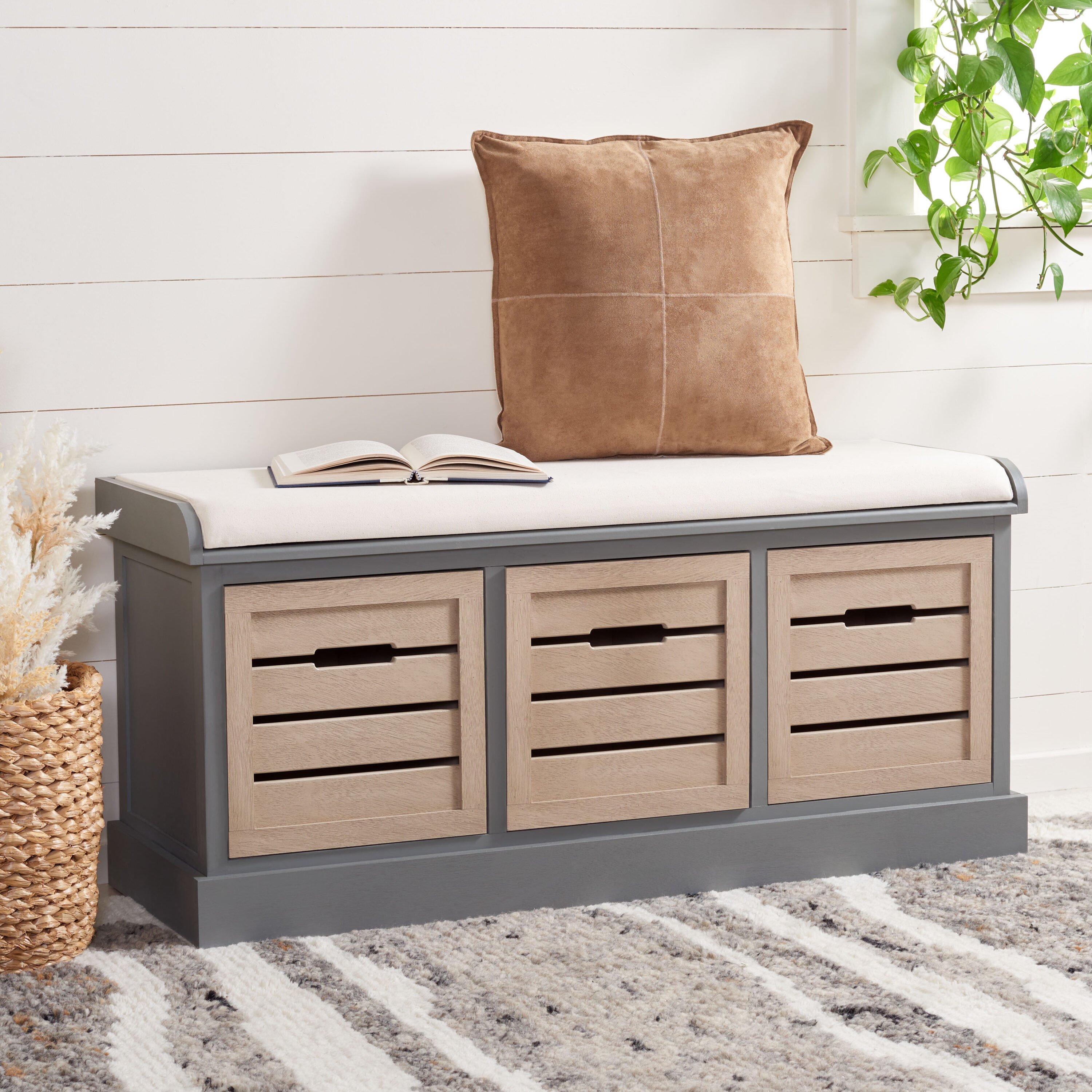 Safavieh BCH5700C Modern Distressed Gray Frame/Sand Drawers Storage Bench with Storage 42-in x 15-in x 19.75-in