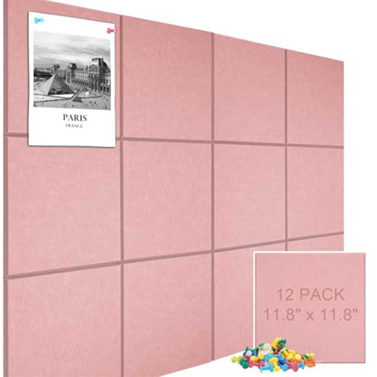 Aoibox  12 Pack 11.8 x 11.8 Inch Pink Felt Wall Tiles Large 48 x 36 Inch Cork Board Alternative with 30 Push Pins for Office and Home