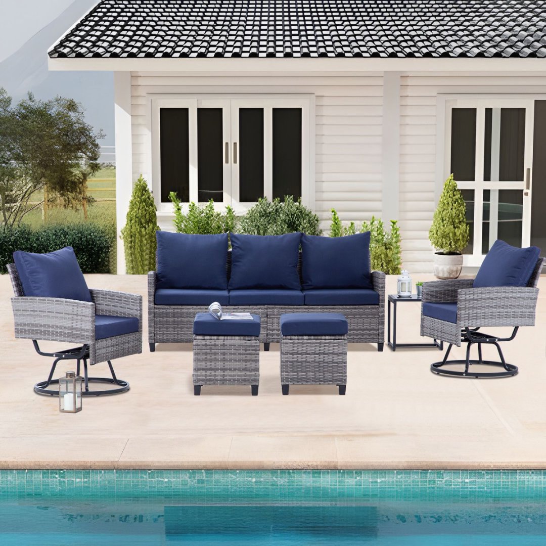 EarlGrove LS-MZ66078BYRE 6 -Piece Wicker Patio Conversation Set with Blue Cushions