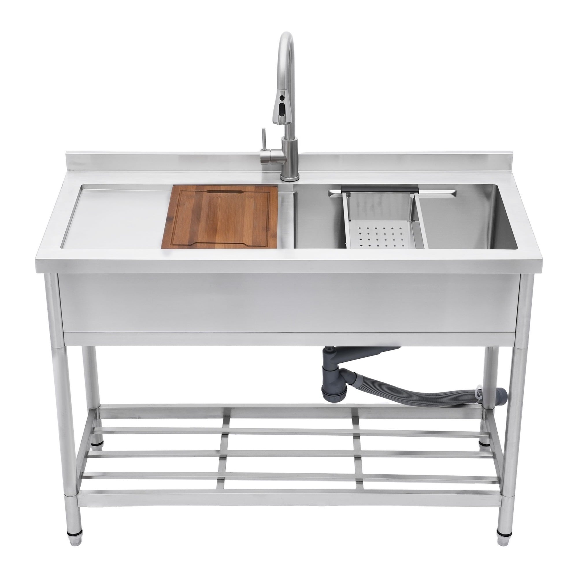LIVACA 47 inch Brushed Nickel Stainless Steel Freestanding Utility Sink with Pull-Out Faucet and Workstation Cutting Board