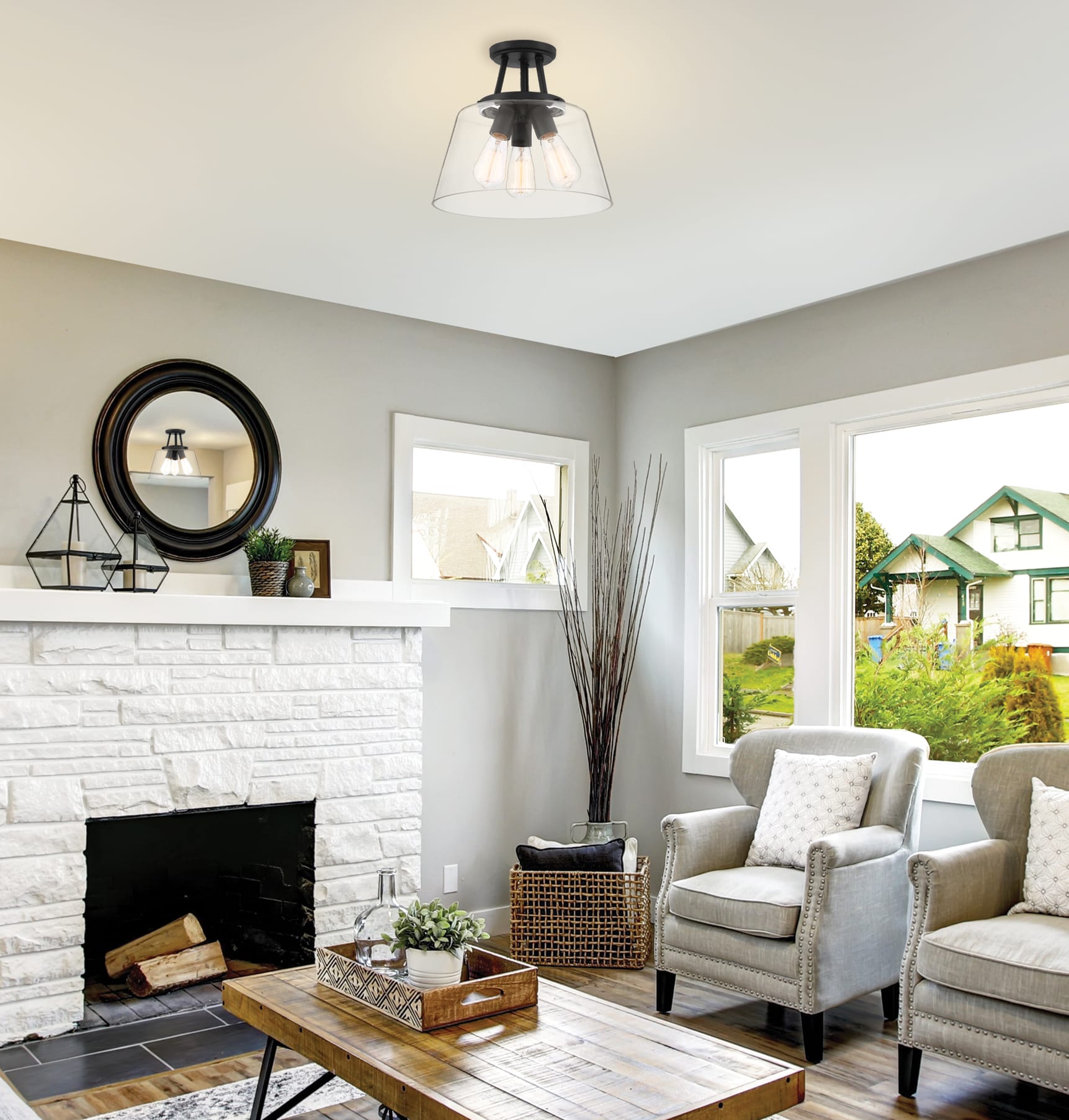 Calhoun Matte Black and Clear Glass 3-Light Semi-Flush Mount