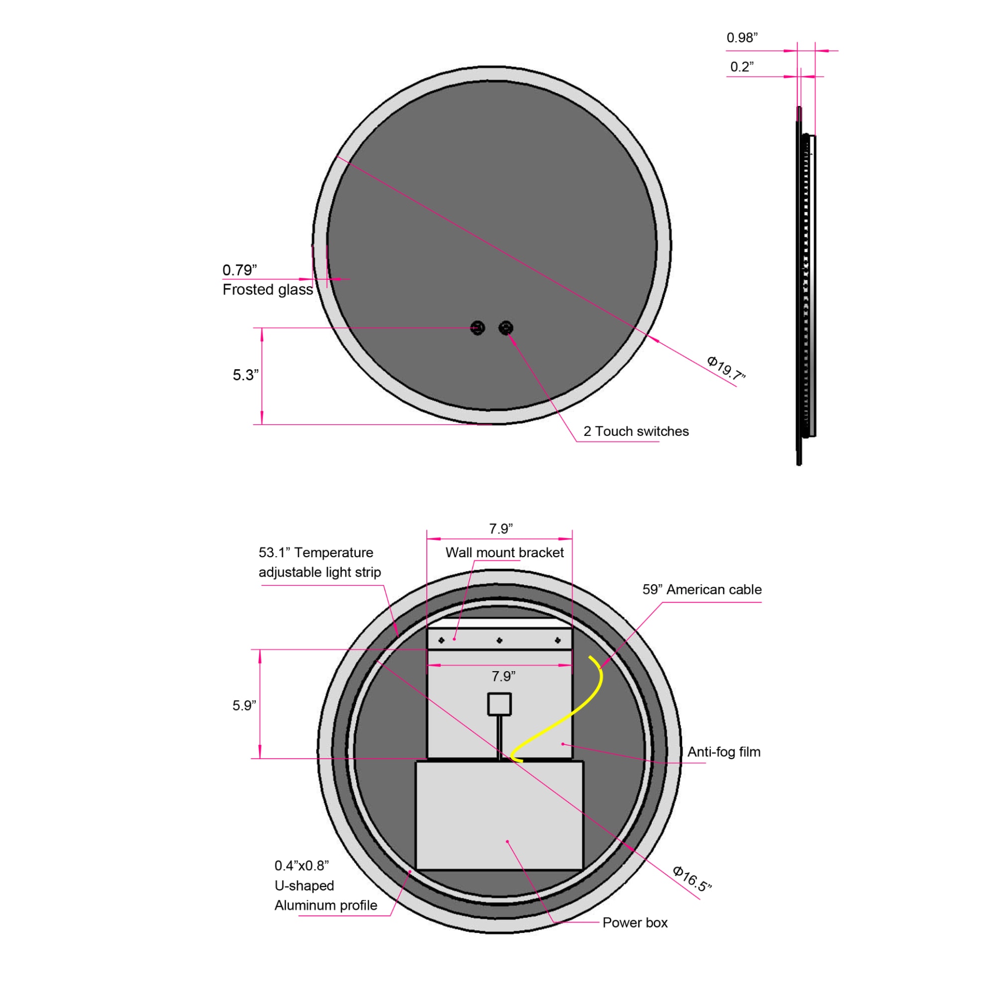 Forclover 20-in x 20-in Frameless Round Dimmable Lighted Fog Free ...