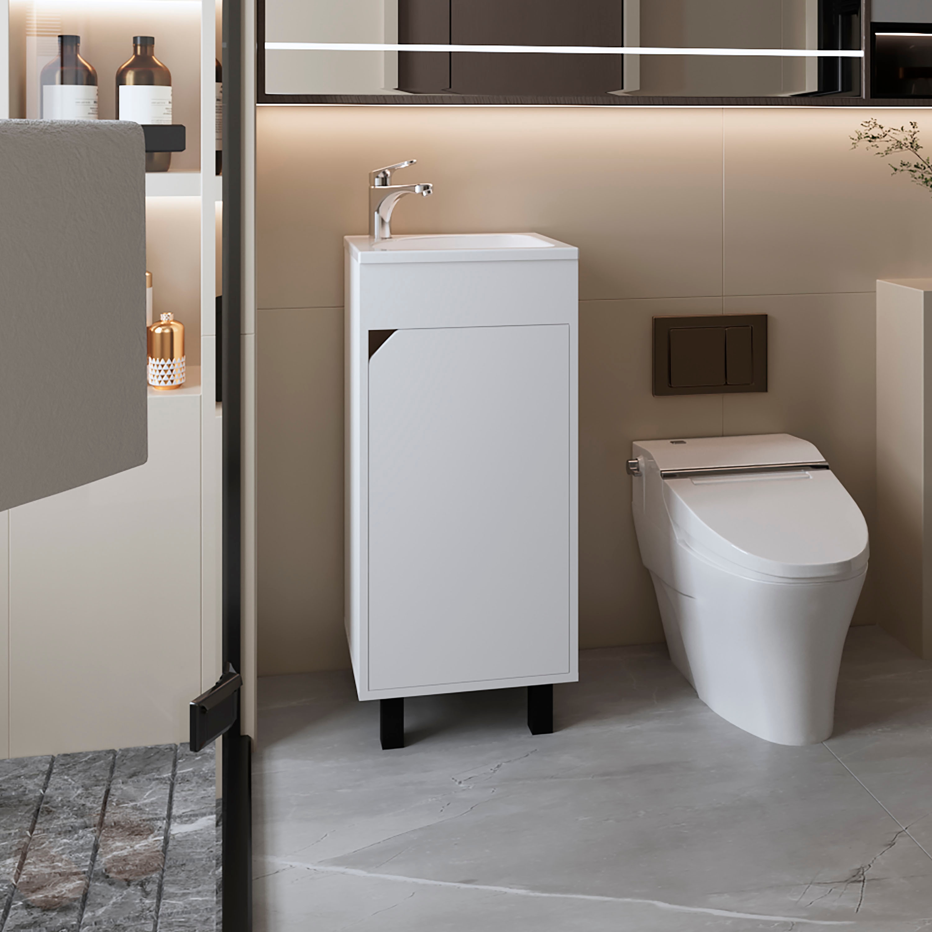 Tinyhomie White Bathroom Vanity Integrated Sink Modern Bathroom Storage Cabinet Unit