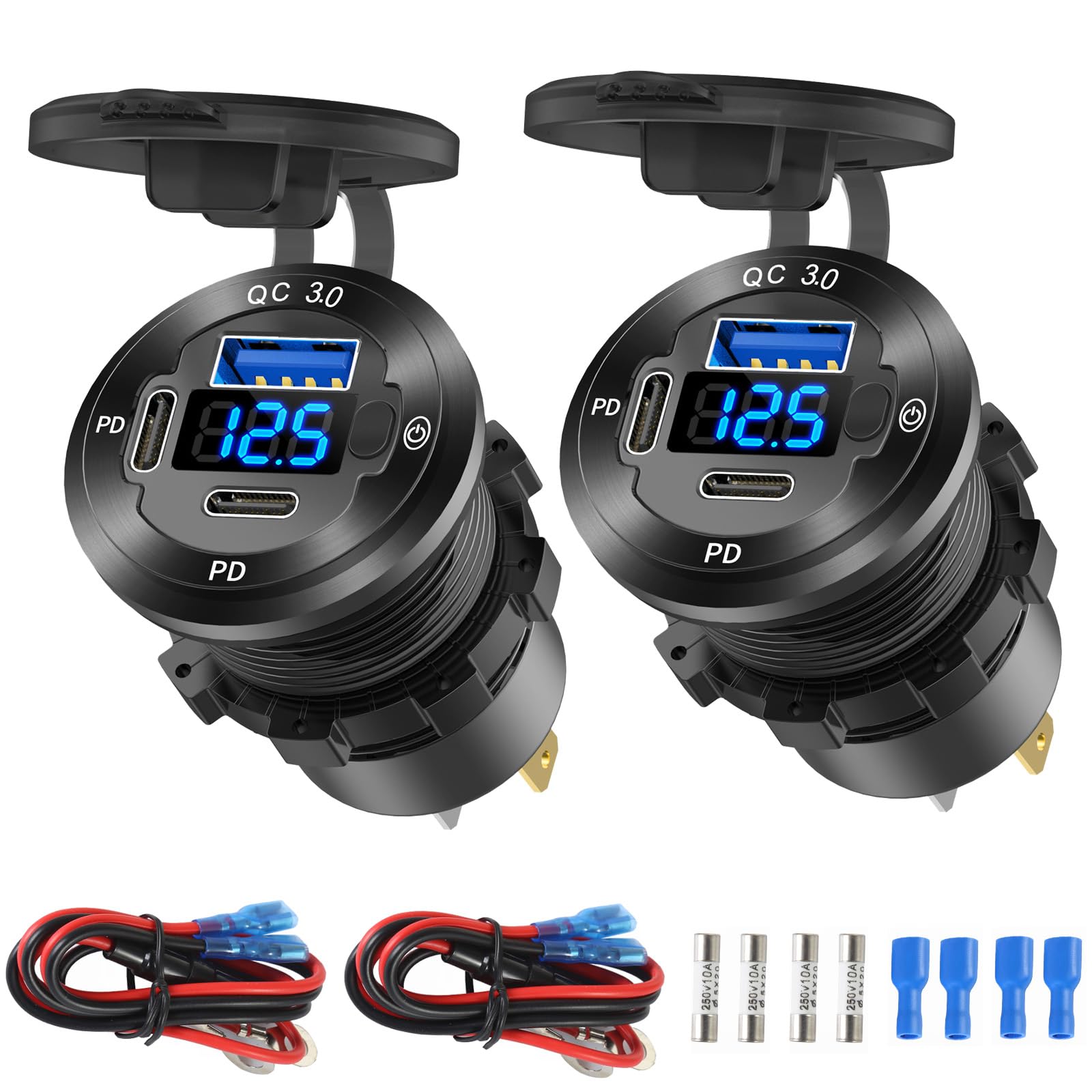 Yichuhaoxi  2 Pack 12V USB Outlet 3 Port Car Charger Socket 78W Dual PD USB C 30W and Quick Charge3 0 Port Aluminum Charger Waterproof with