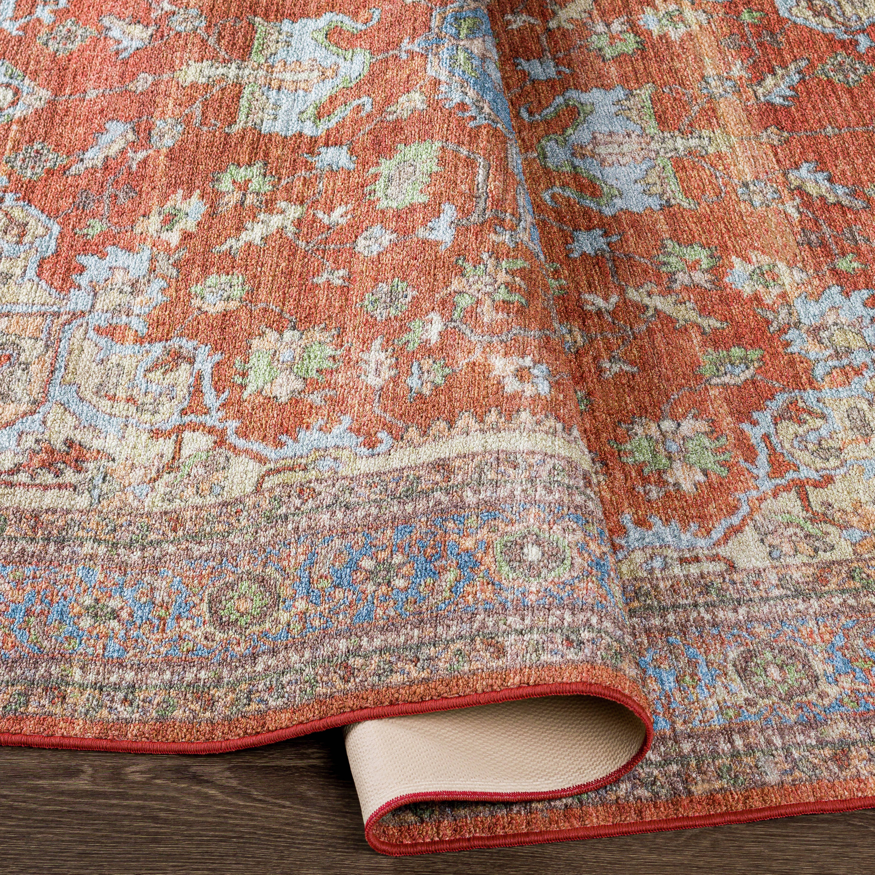 Elegant Red Synthetic 6'7" x 9' Easy-Care Rug