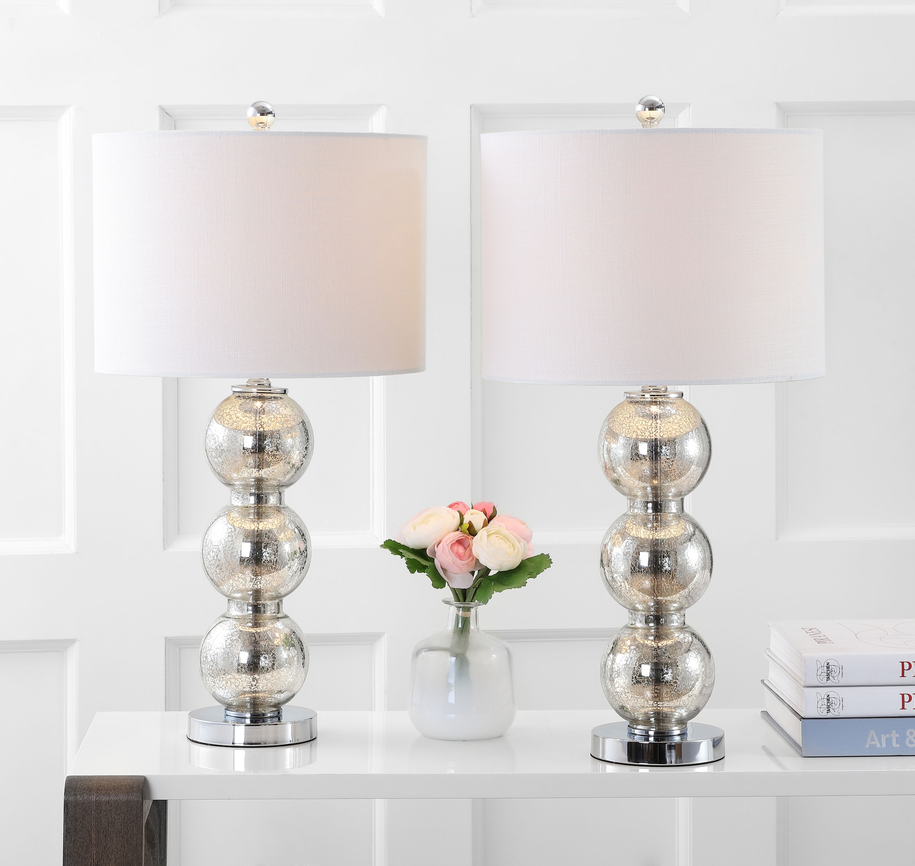 JONATHAN  Y JYL1070B-SET2 Bella Glass Triple-Sphere Transitional 27-in Mercury Silver LED Incandescent Rotary socket Table Lamp with Linen Shade 2 -Set