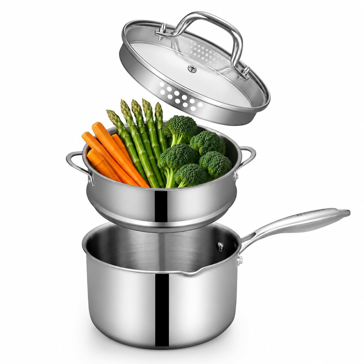 DHMHD Tri-Ply Stainless Steel Sauce Pan with Steamer Basket and Strainer Glass Lid 2.5 QT Multi-Function Pot for Healthy Cooking #LDH0817X272