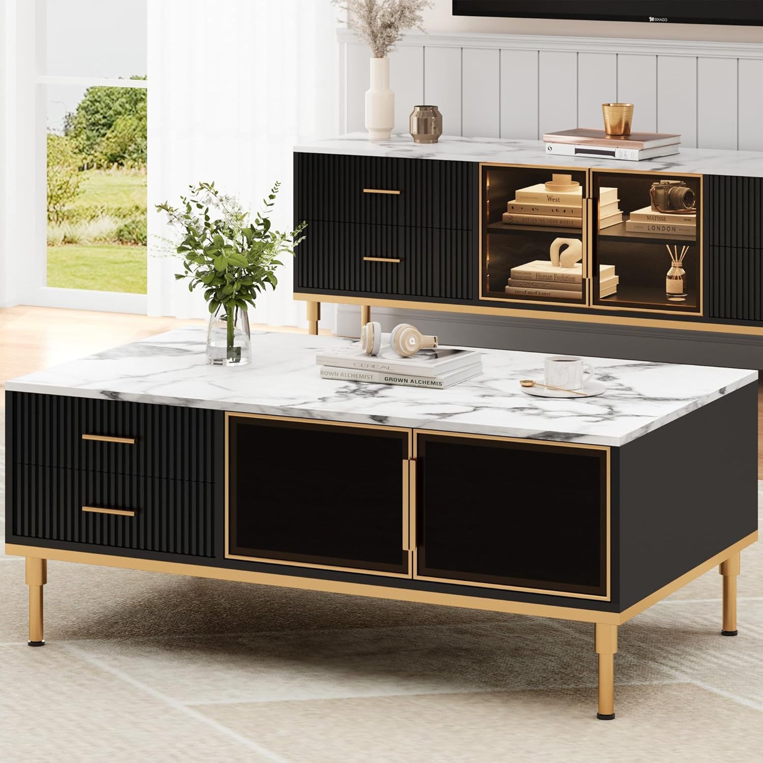 Qeetex CY-PHO-33KCQ47G 47.2in Black Coffee Table with Gold Metal Legs Glass Door Storage and 4 Drawers