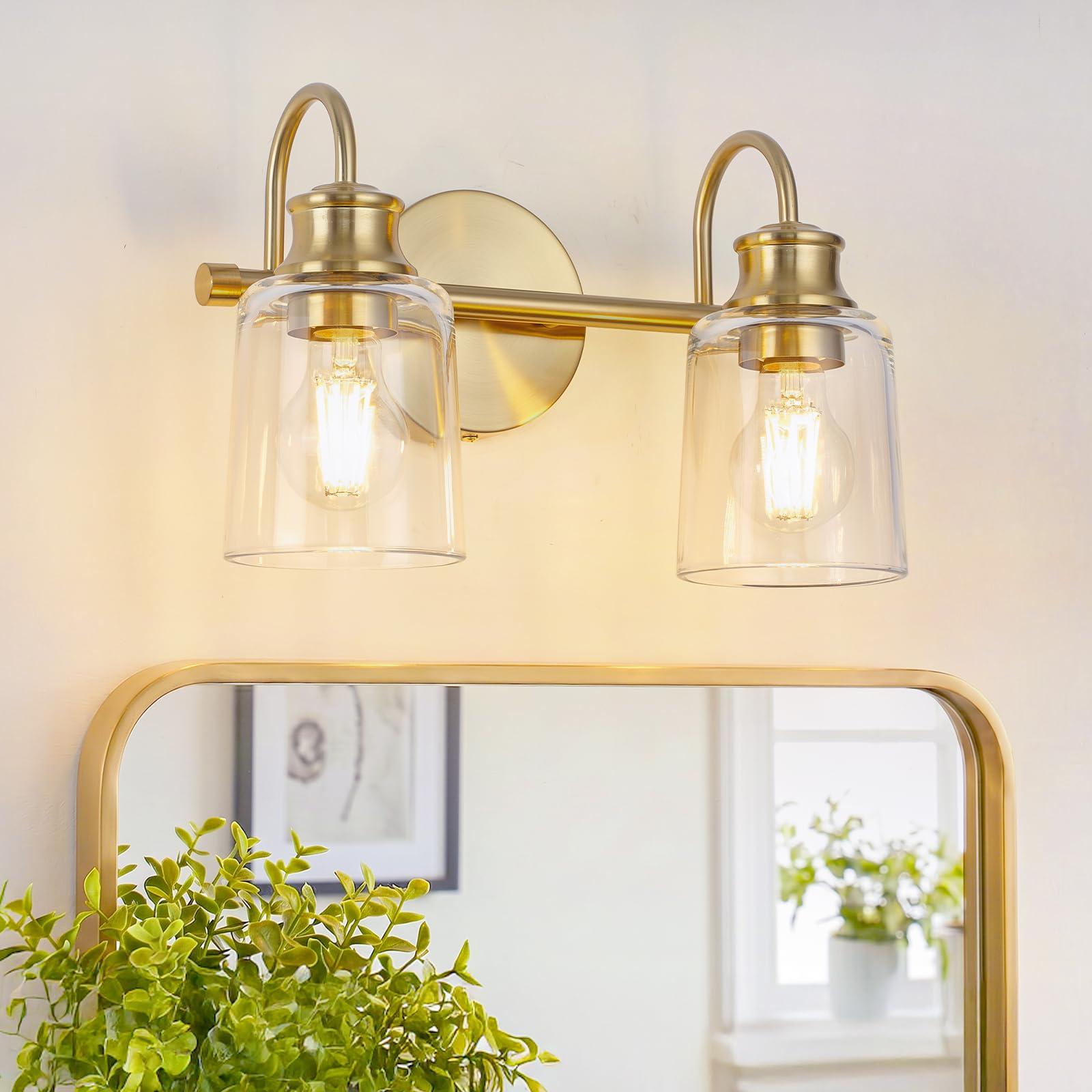 Yichuhaoxi  Modern Gold Bathroom Light Fixtures Two Lights Vanity Lighting Over Mirror with Clear Glass Shade for Cabinet Mirror Bedroom Hallway