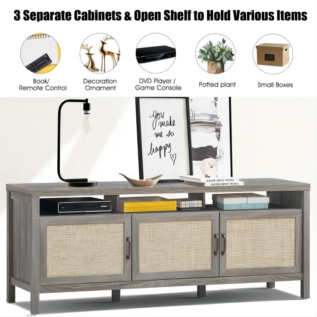 Gray Solid Wood TV Stand with Rattan Cabinet Doors