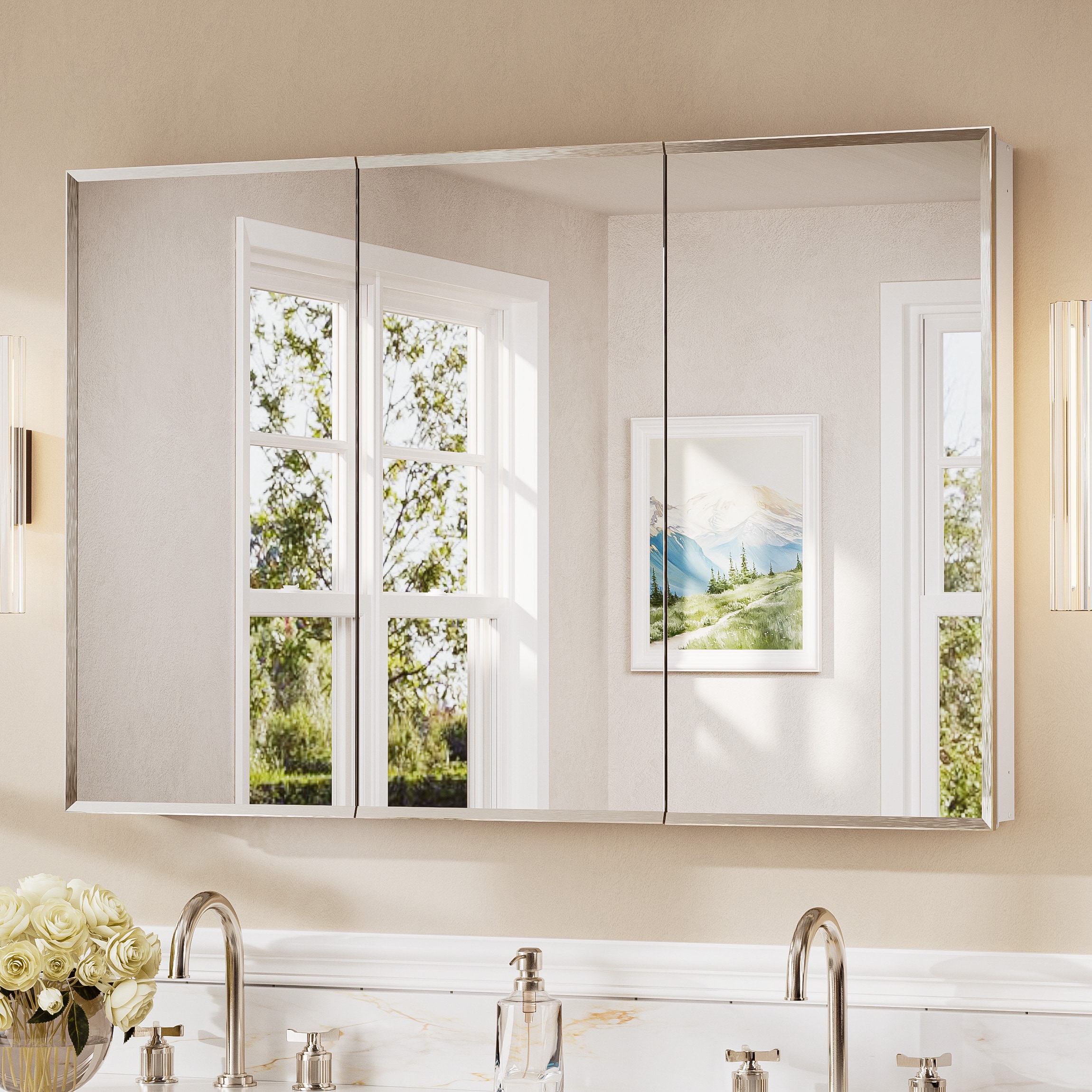 TETOTE 48x32 Brushed Nickel Medicine Cabinets Mirrors Surface/Recessed Mount Mirrored Rectangle Soft Close Medicine Cabinets