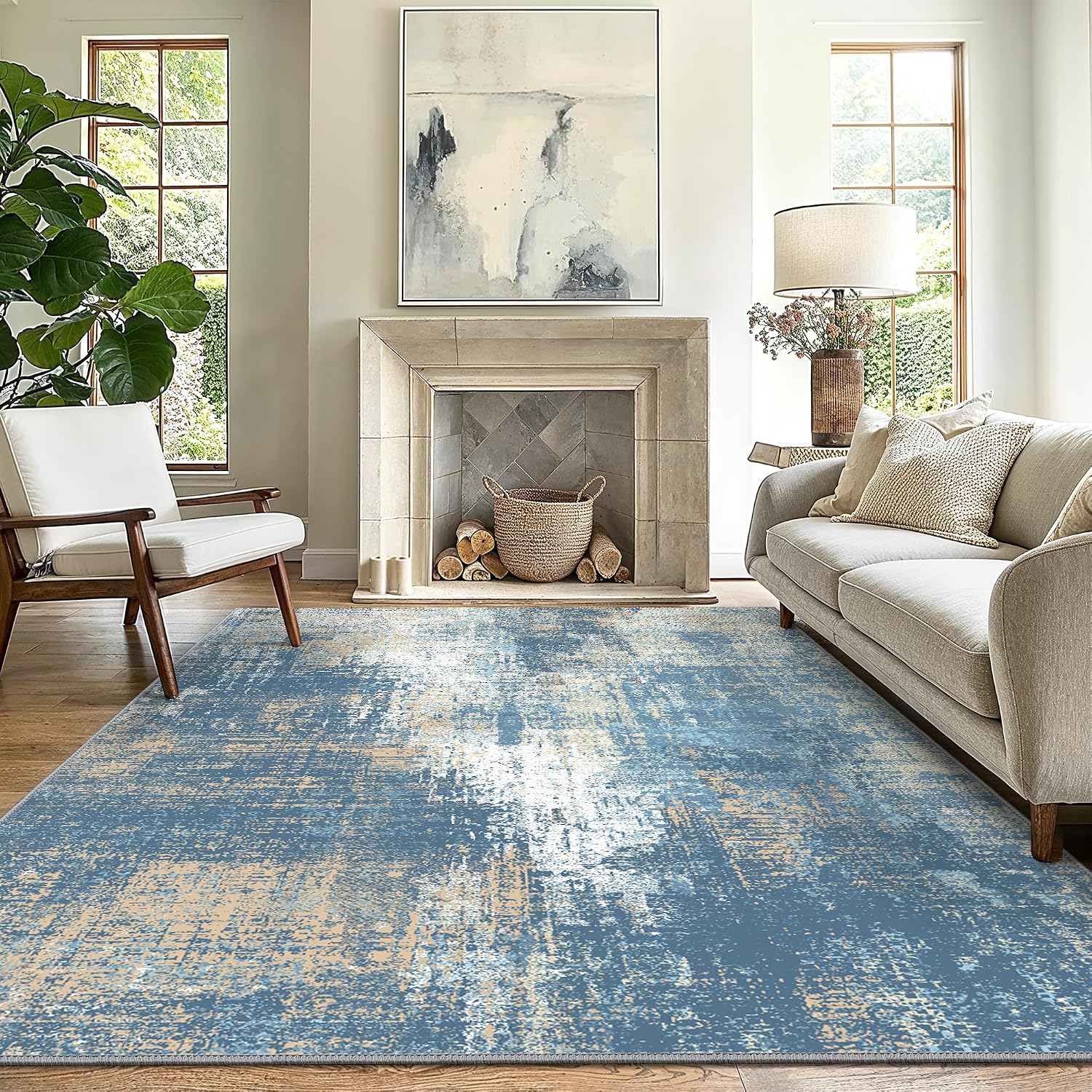 GENIMO  8x10 Washable Area Rugs for Living Room Bedroom Modern Abstract Non Slip Rug Low Pile Soft Contemporary Indoor Floor Carpet Cover for Dinning Room Kitchen Mist Blue
