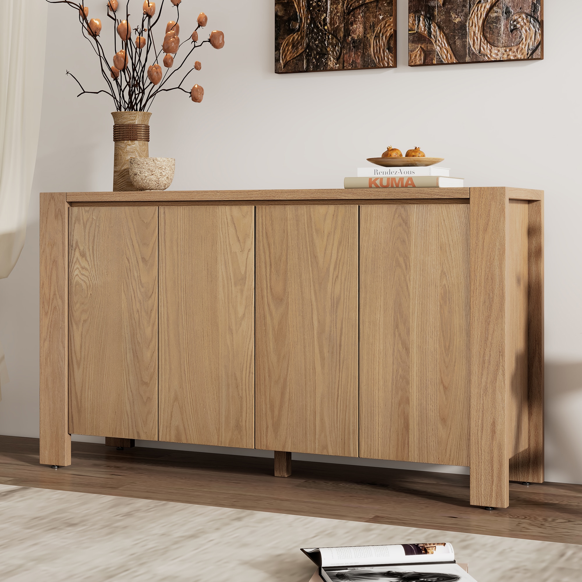 ModernLuxe N715P204444D Buffet Cabinet with Storage 4Door Retro Wood Sideboard with Distressed Finish and Adjustable Shelves for Dining Room Kitchen and Living Room Natural