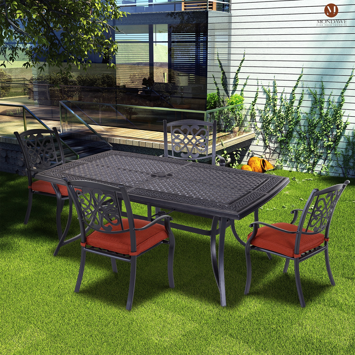 Mondawe MD-050-060 5 -Piece Bronze Patio Dining Set Aluminum Rectangle Table with 4 Red Cushions Stackable Stationary Chairs