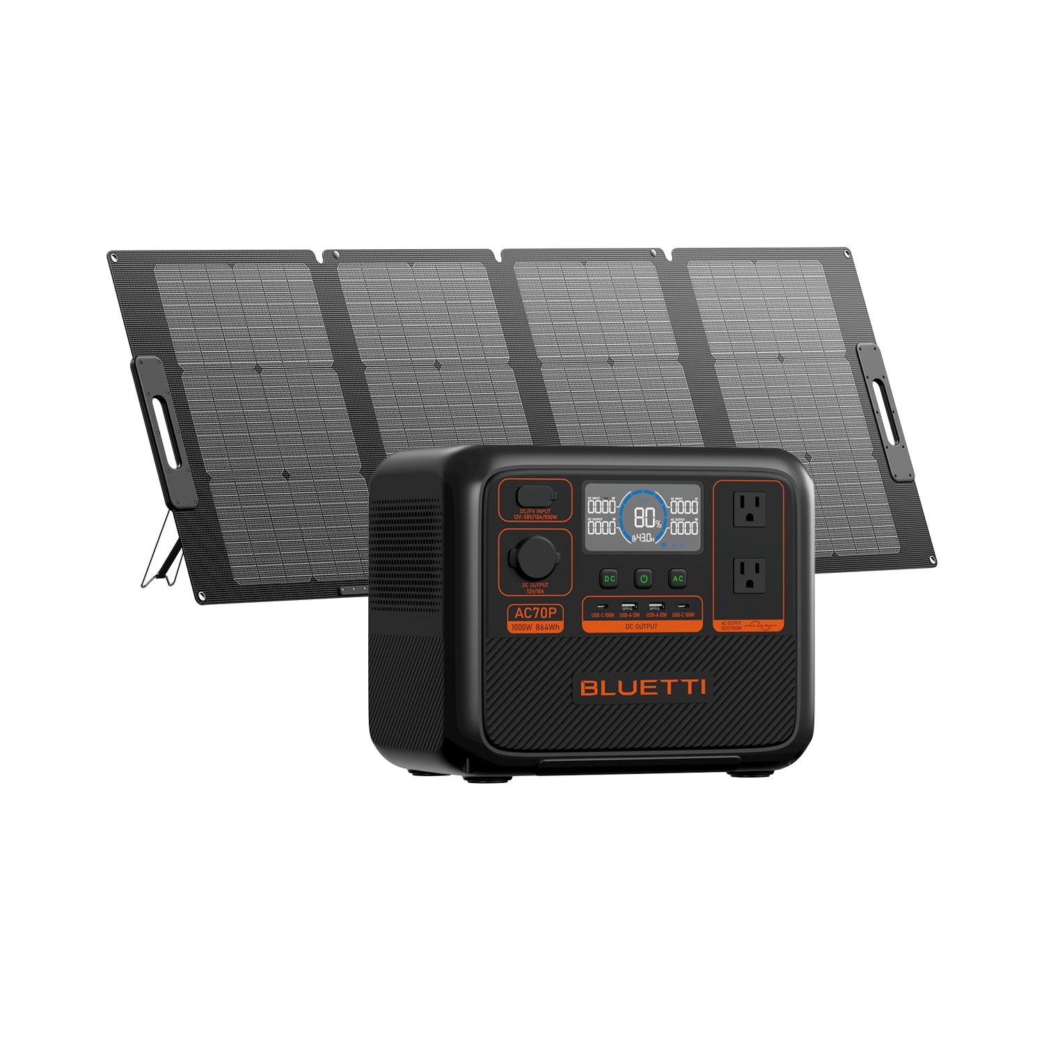 BLUETTI AC70P+PV120-LWSUS Premium Series Solar Generator Kit 864Wh 1000 -Watts Portable Power Station 1 Solar Panels Included