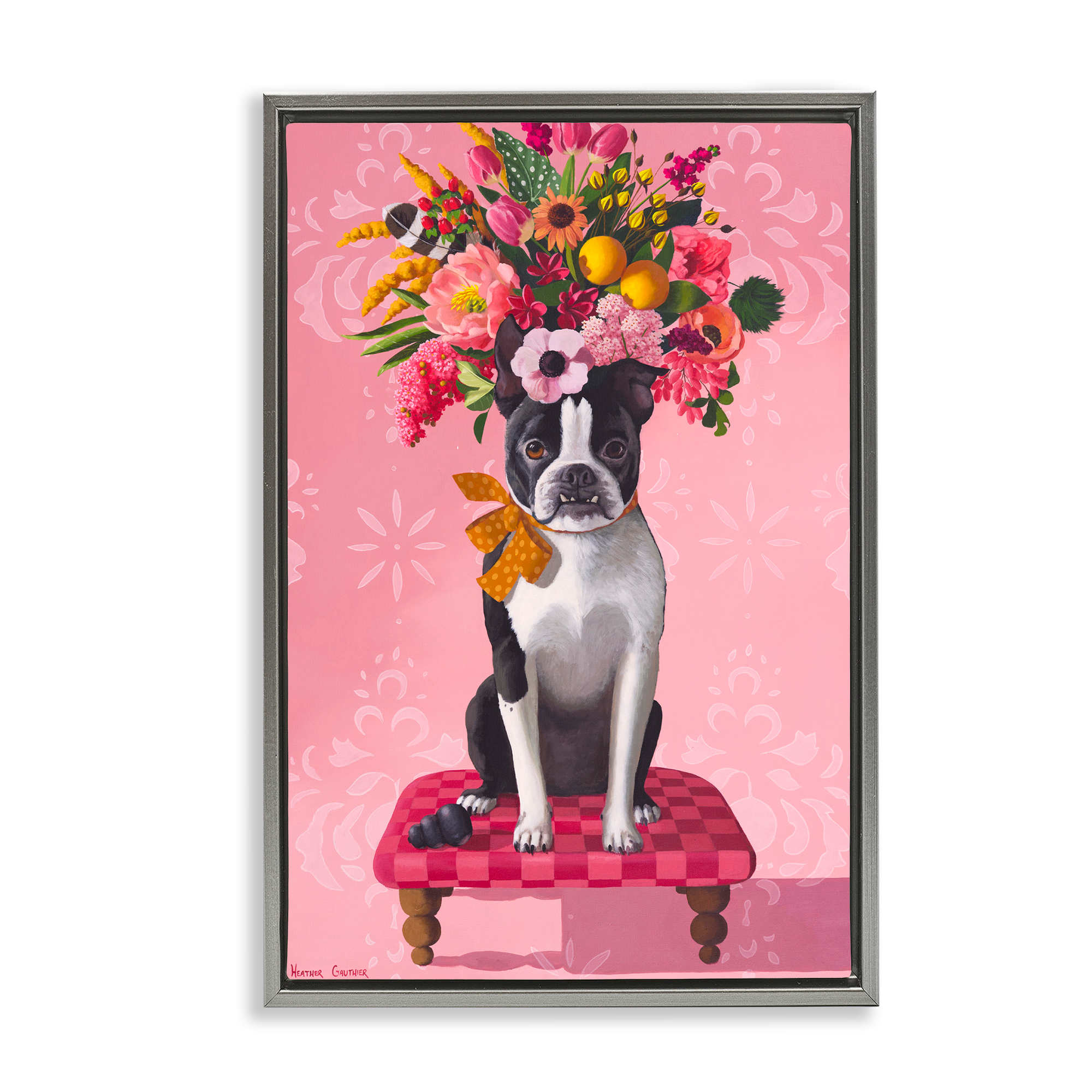 Stupell Industries BS-993-FFL-20X30 Bulldog and Pink Bouquet Gray Framed Floater Canvas Wall Art By Heather Gauthier 21 x 31