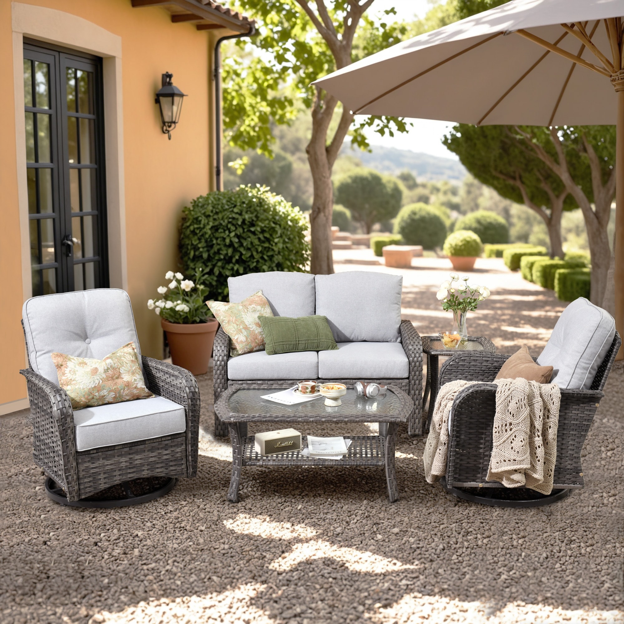 Ovios GN405Y 5 -Piece Rattan Patio Conversation Set with Light Gray Cushions