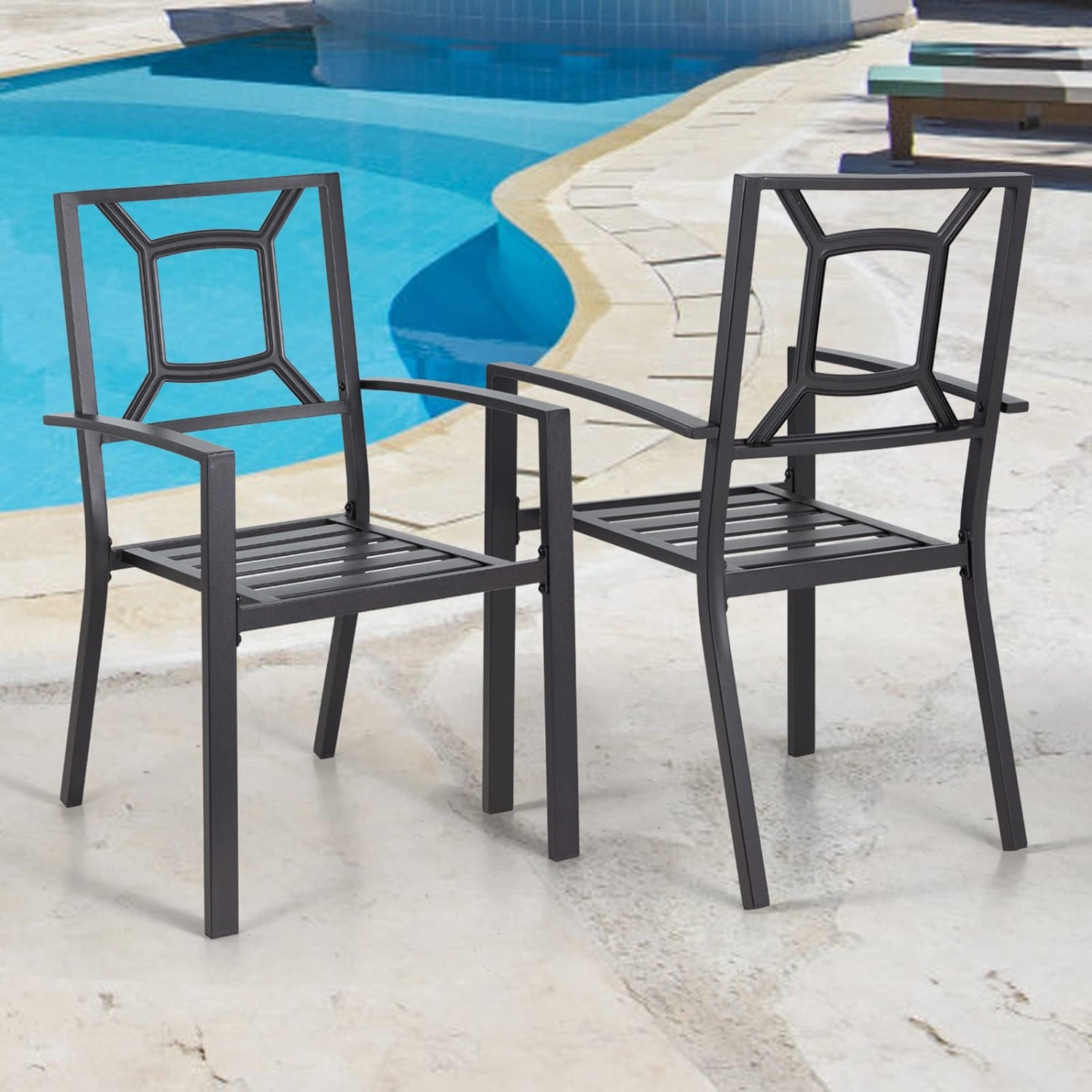 AECOJOY 16098BK-LS01 Patio chair Set of 2 Stackable Black Iron Frame Stationary Dining Chair with Black Solid Seat