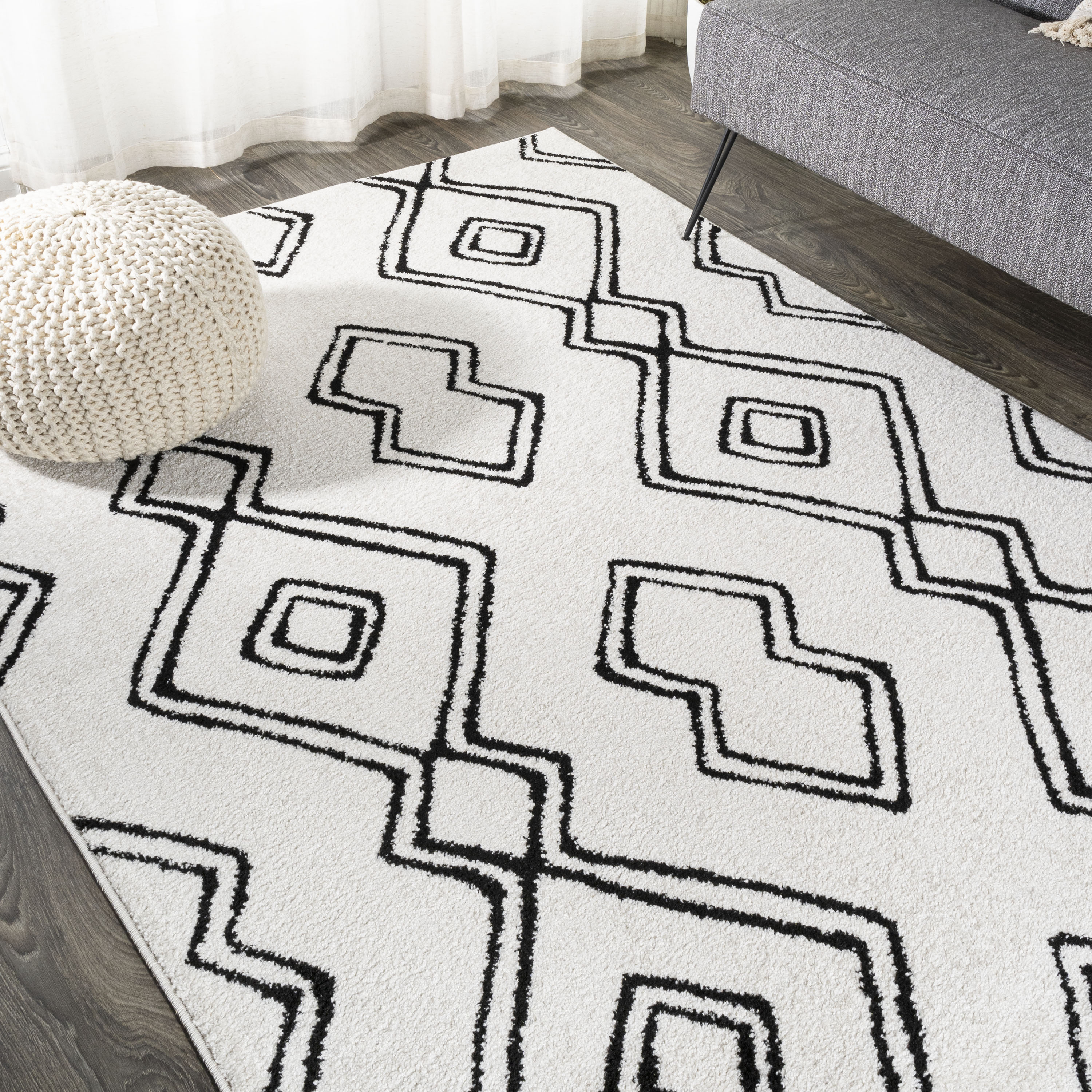 Deia Black and White Geometric Shag Area Rug