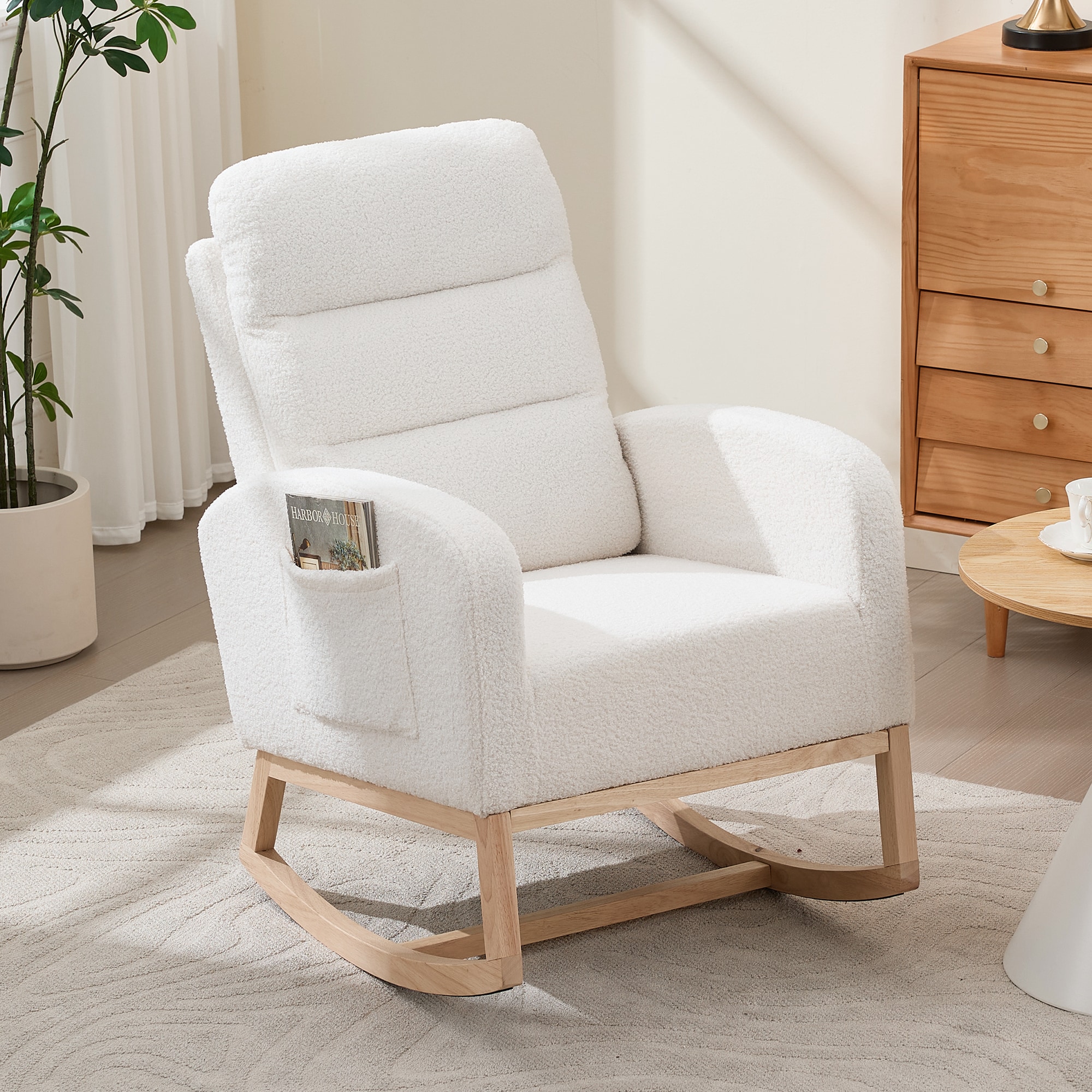 GarveeLife Rocking Chair Glider with High Backrest Upholstered Rocker Glider Padded Seat Sturdy Wood Frame Side Pocket Comfy Rocker Chair for Living Room Bedroom