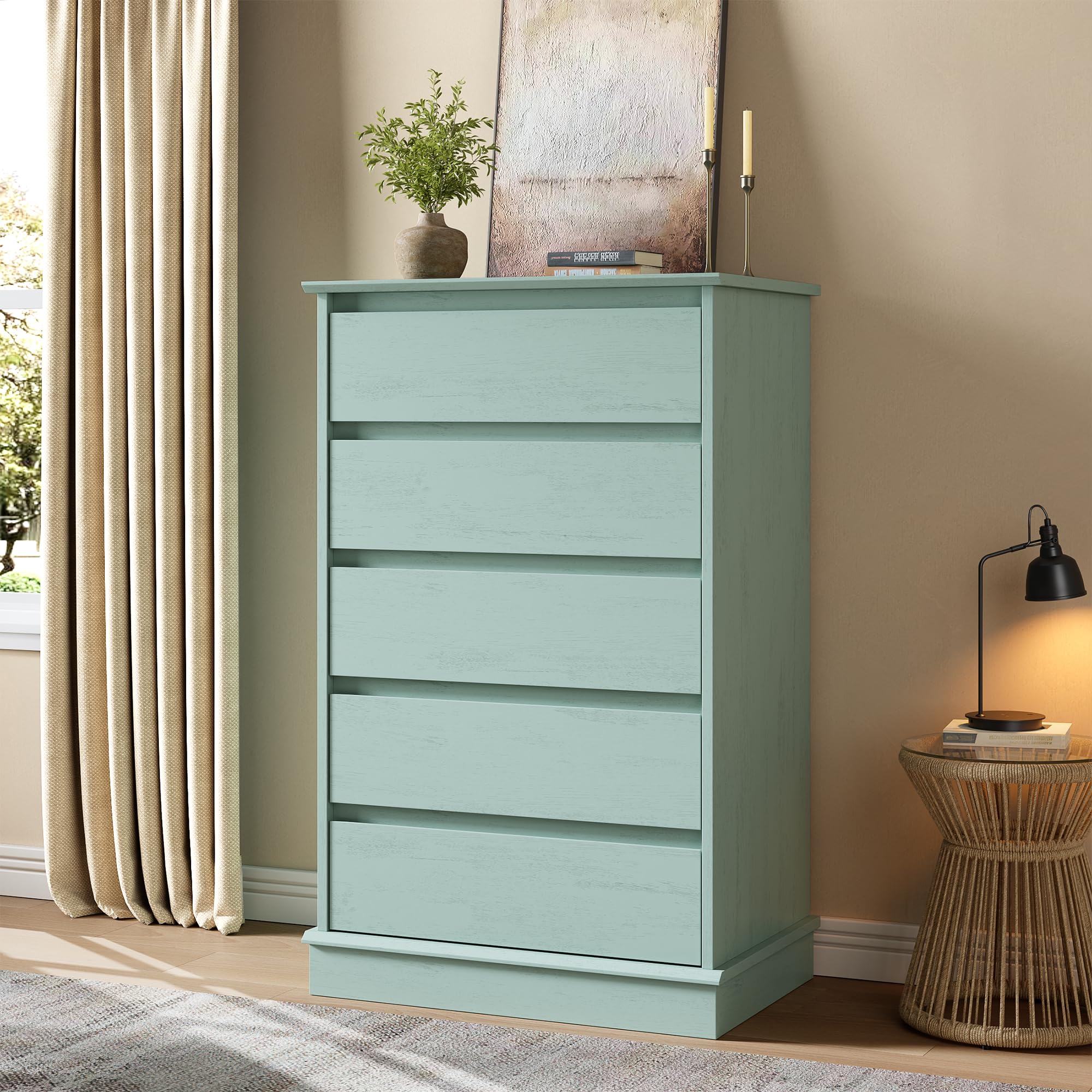 IdealHouse 5 Drawer Dresser for Bedroom - Deep Drawers Chest - Large Double Dresser for Closet with Wide Top - Tall Wooden Dresser for Living Room Hallway Kids Room (Green)