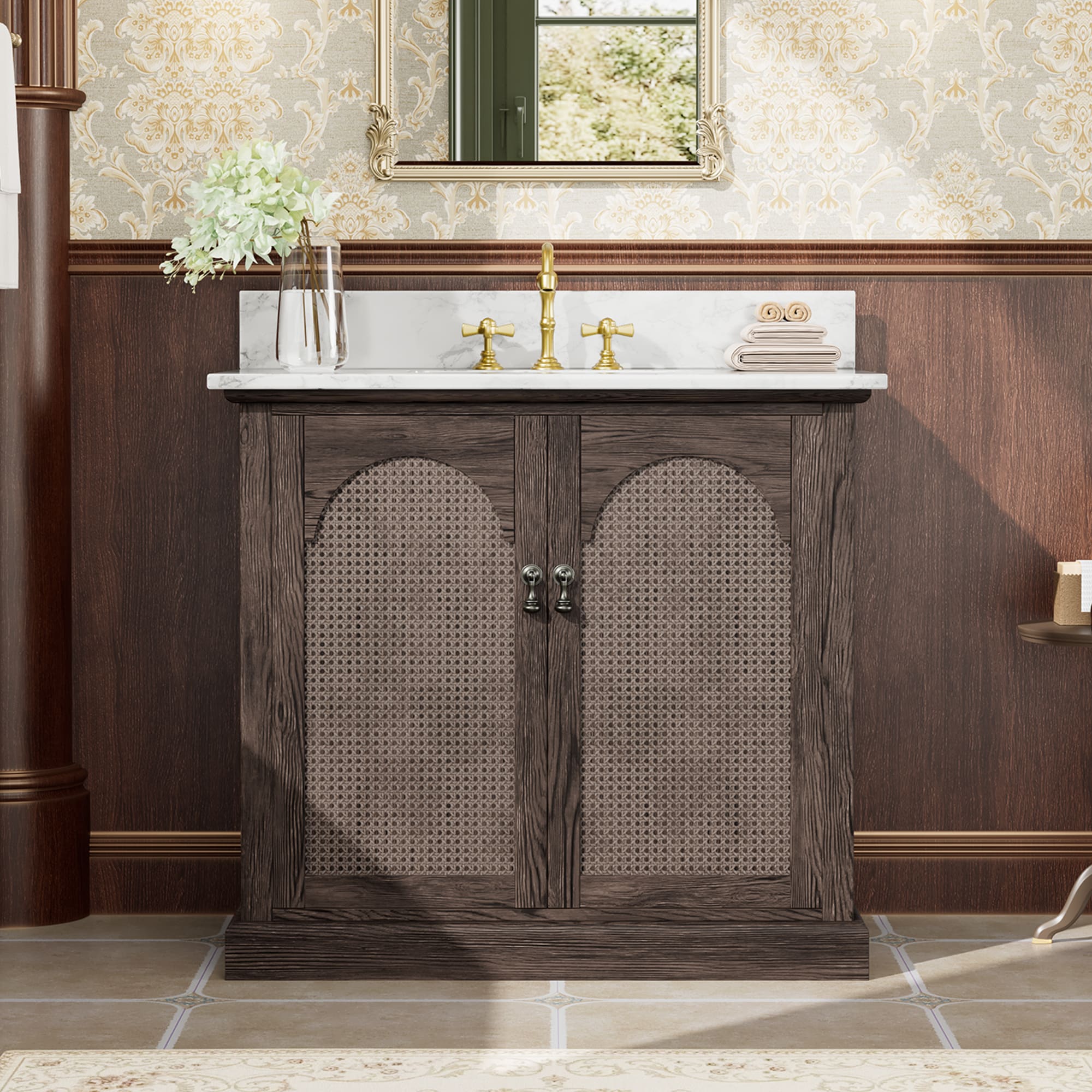 VOUA SAF-XNELD3-GY 36-in Burlywood Single sink Bathroom Vanity with White Ceramic Top