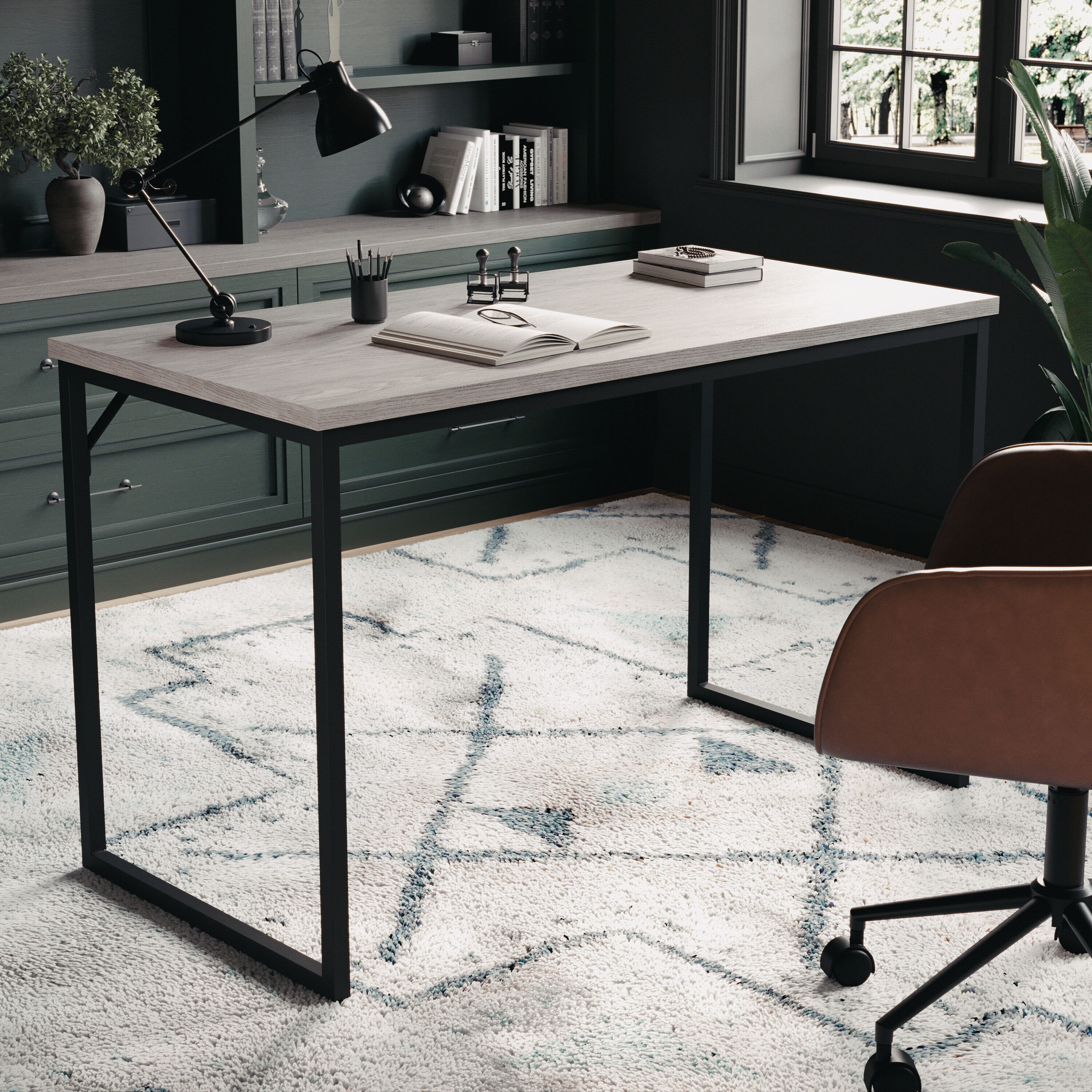 Gray Wood Grain Parsons Desk with Oil Rubbed Bronze Frame