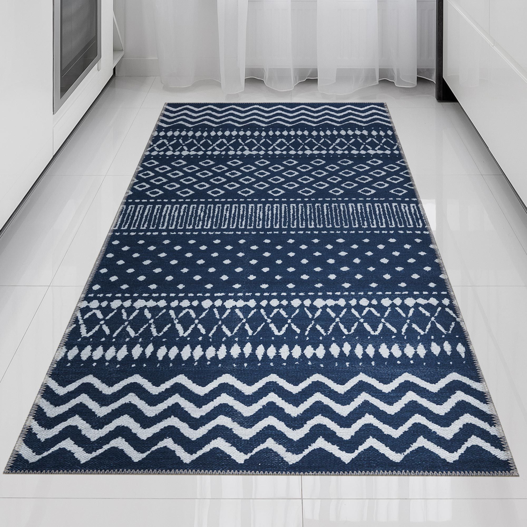 Ottomanson EFF3506-3X6 Effect 3 x 6 (ft) Flatweave Cotton Navy Moroccan/Boho Rectangular Indoor Geometric Bohemian/Eclectic Machine washable Runner rug