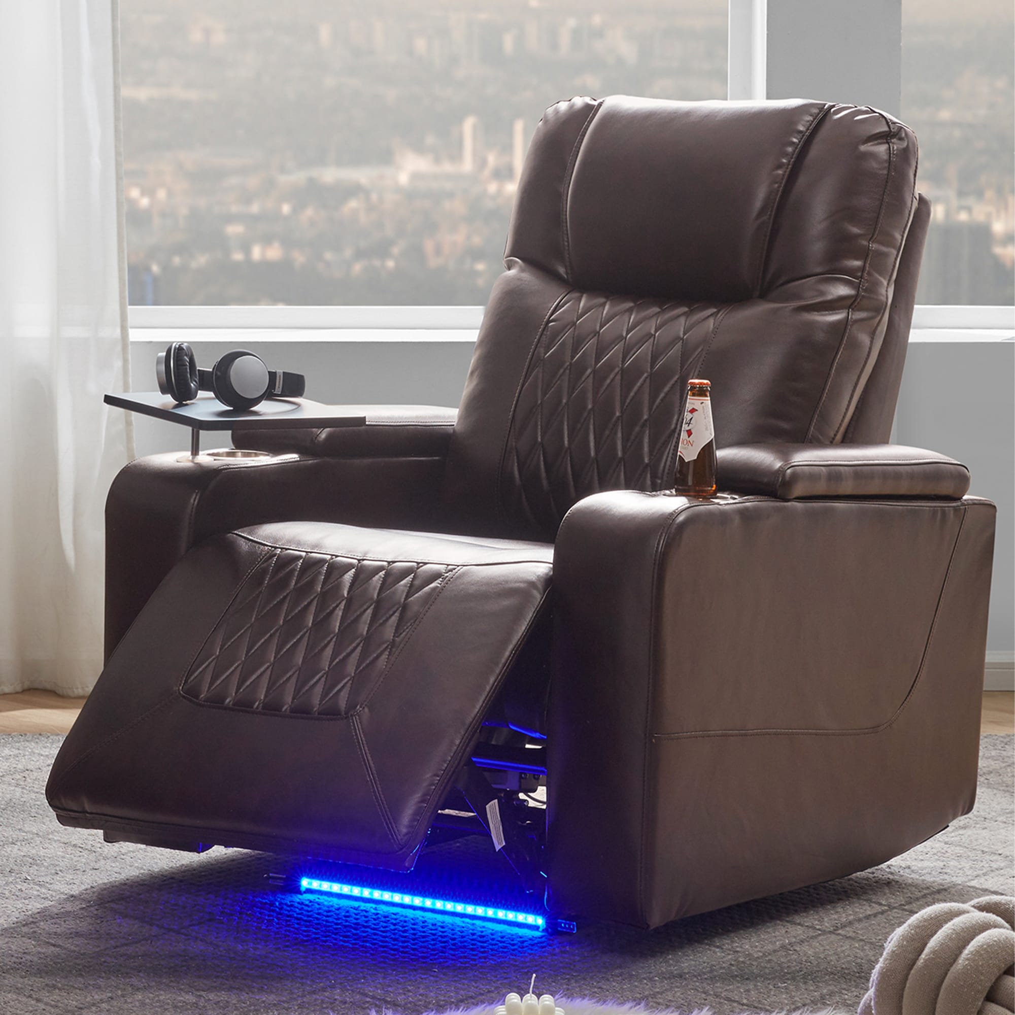 ModernLuxe SG000630ADD Power Motion Recliner with USB Charging Port and Hidden Arm Storage 2 Convenient Cup Holders Design and 360° Swivel Tray TableBrown