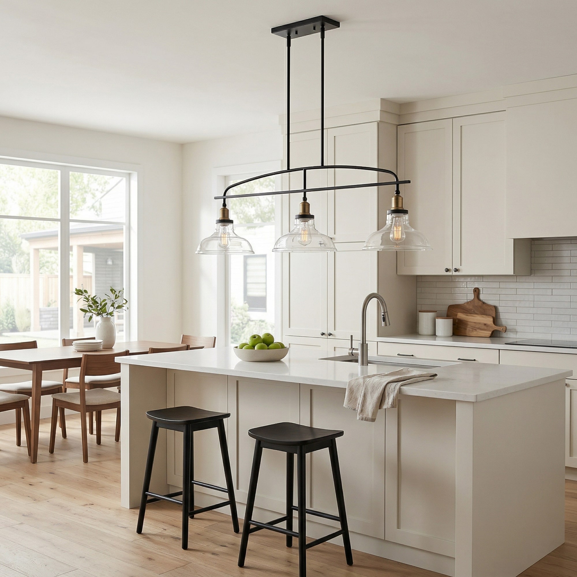 RCCFBHM 45-in Modern Industrial 3 Light Pendant Chandelier Black Metal Frame Clear Glass Shades Adjustable Height E26 Base