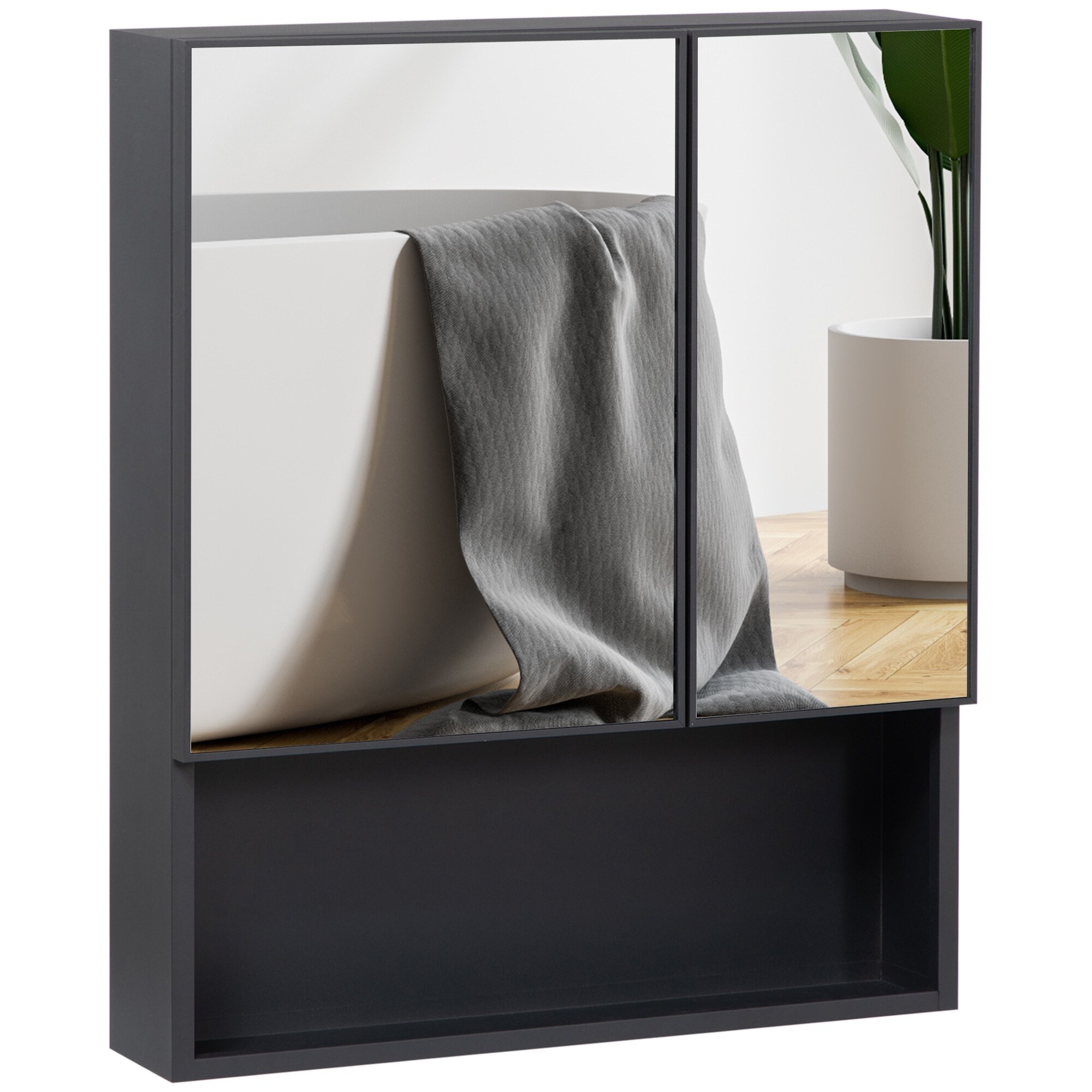 LIVACA 24 inch x 28 inch Black Stainless Steel Wall-Mounted Medicine Cabinet with Double Doors and Storage Shelves