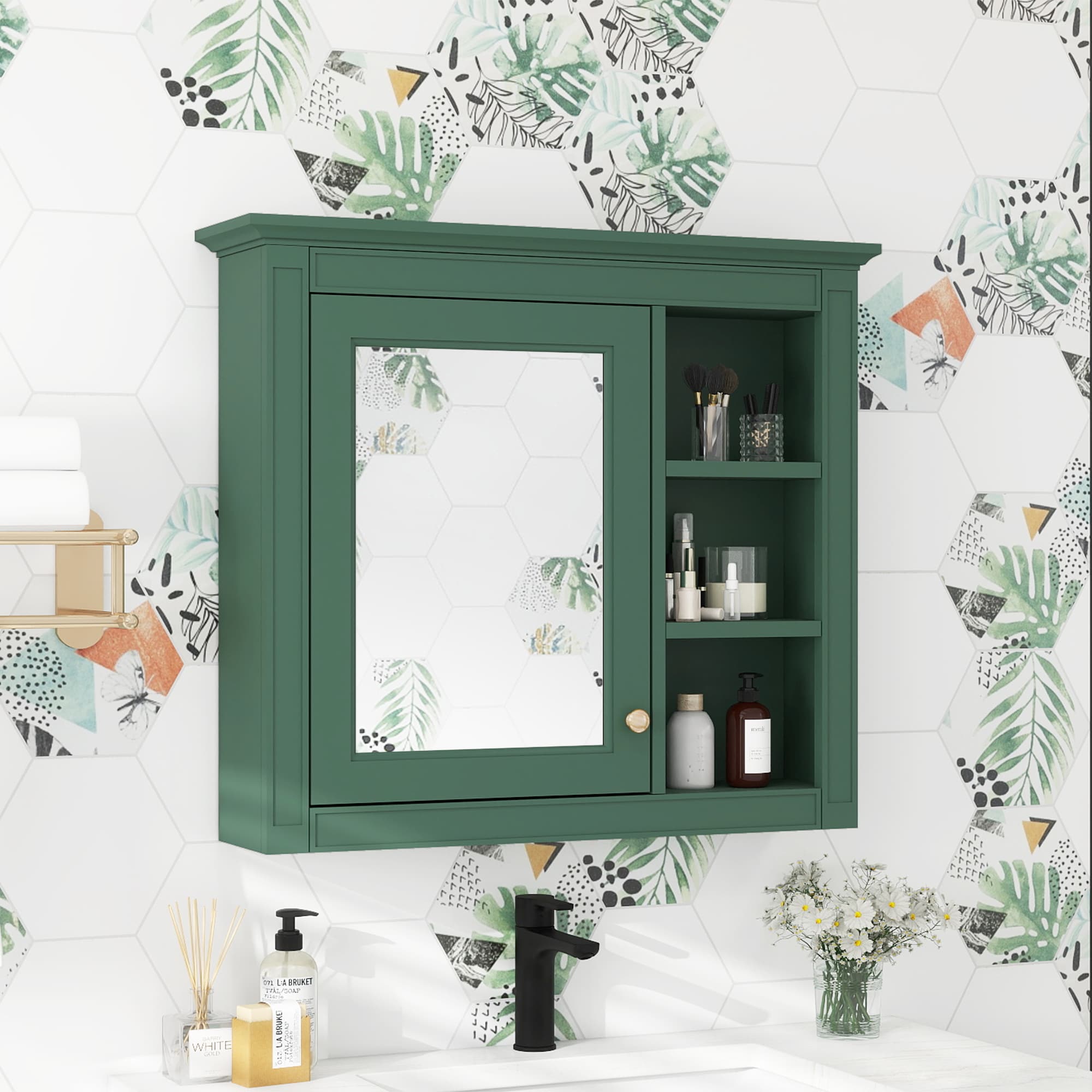 KWPZQEB 29.9-in x 28-in Surface Mount Medicine Cabinet Wall Mounted Bathroom Storage Cabinet with Mirror-Green
