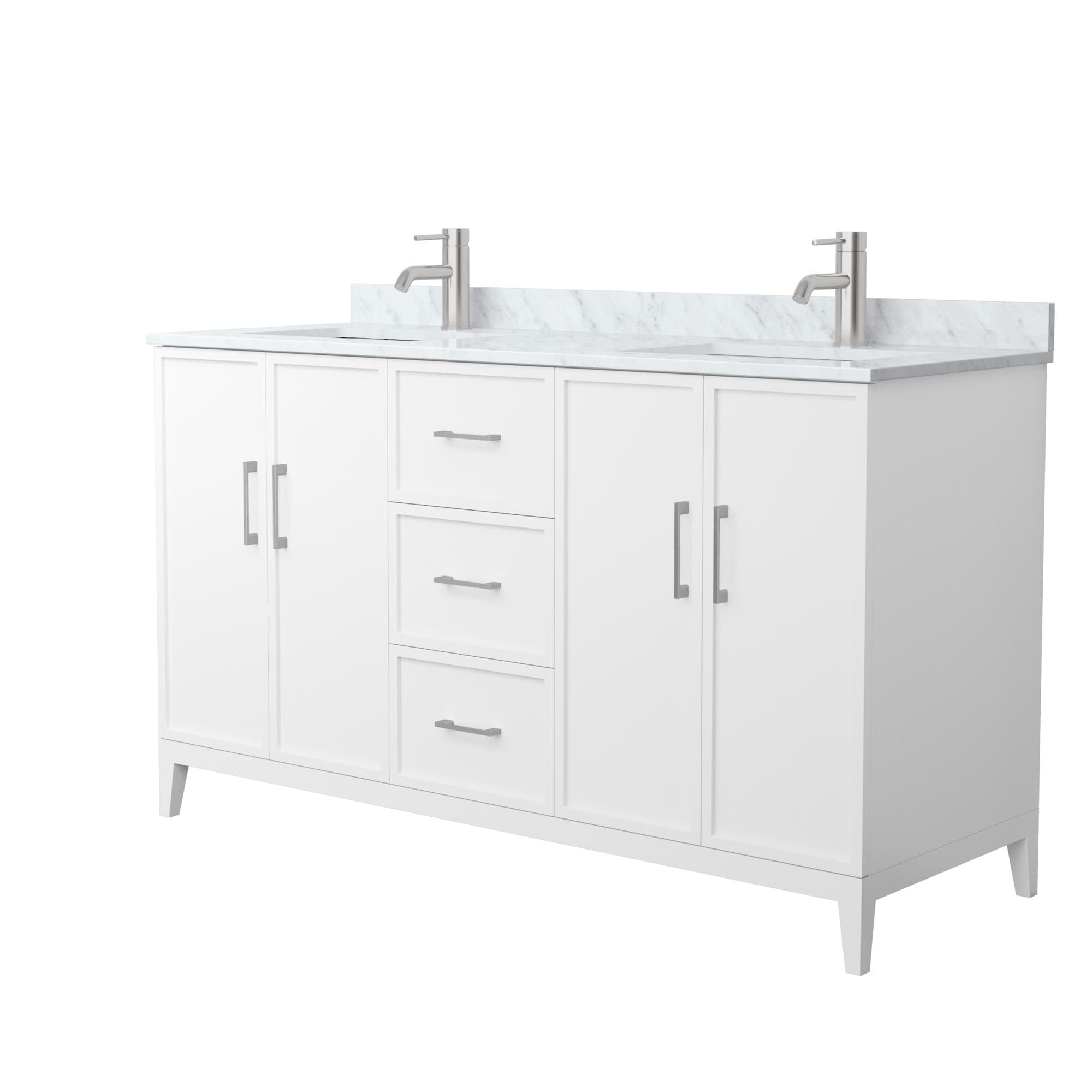 Wyndham Collection WCH717160DWHCMUNSMXX Elan 60-in White with Brushed Nickel Trim Undermount Double Sink Bathroom Vanity with White Carrara Marble Natural Marble Top